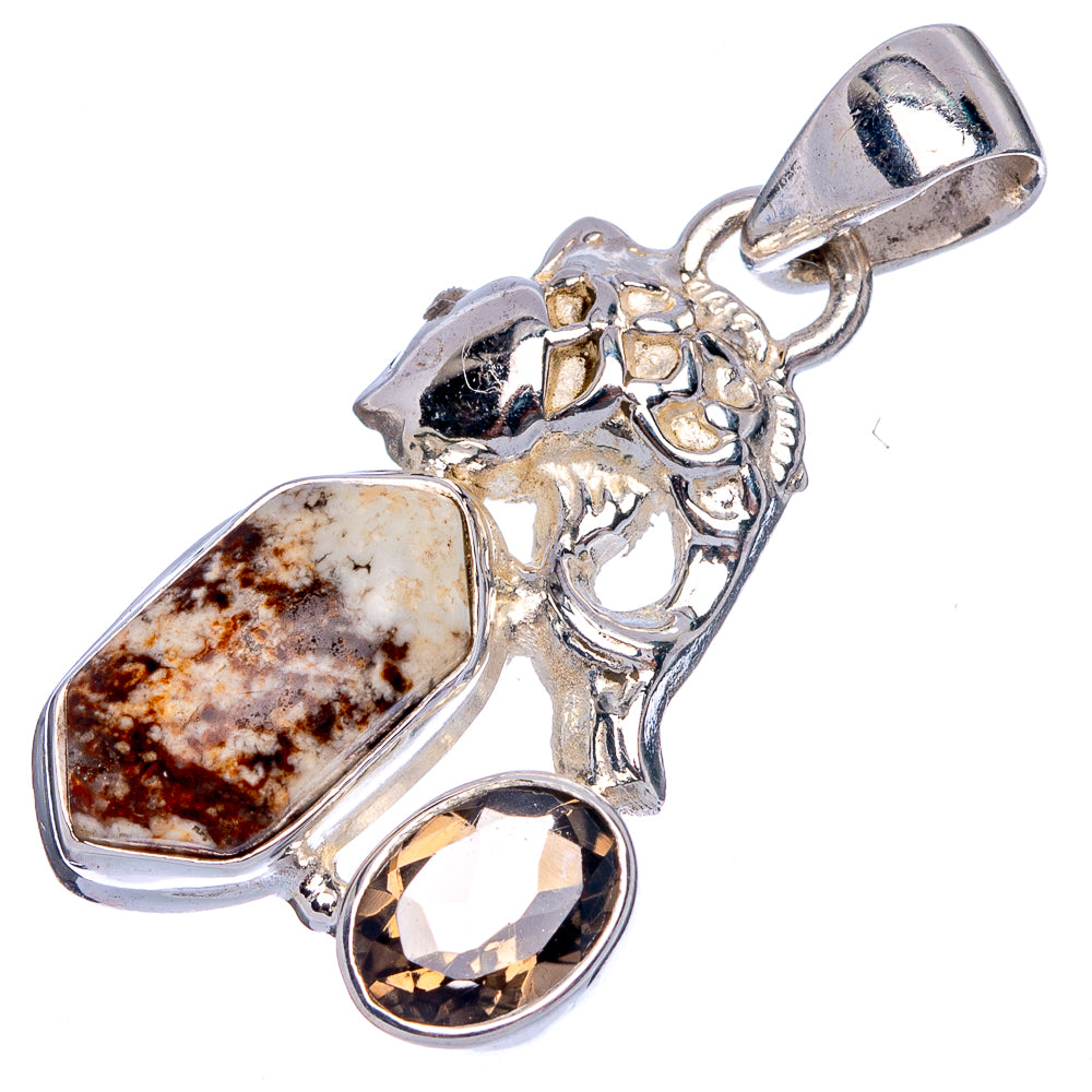 White Horse Jasper, Smoky Quartz Fish Pendant 1 3/8" (925 Sterling Silver) P40254