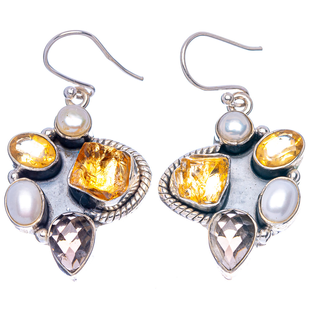 Premium Rough Citrine, Smoky Quartz, Cultured Pearl Earrings 1 5/8" (925 Sterling Silver) E1813