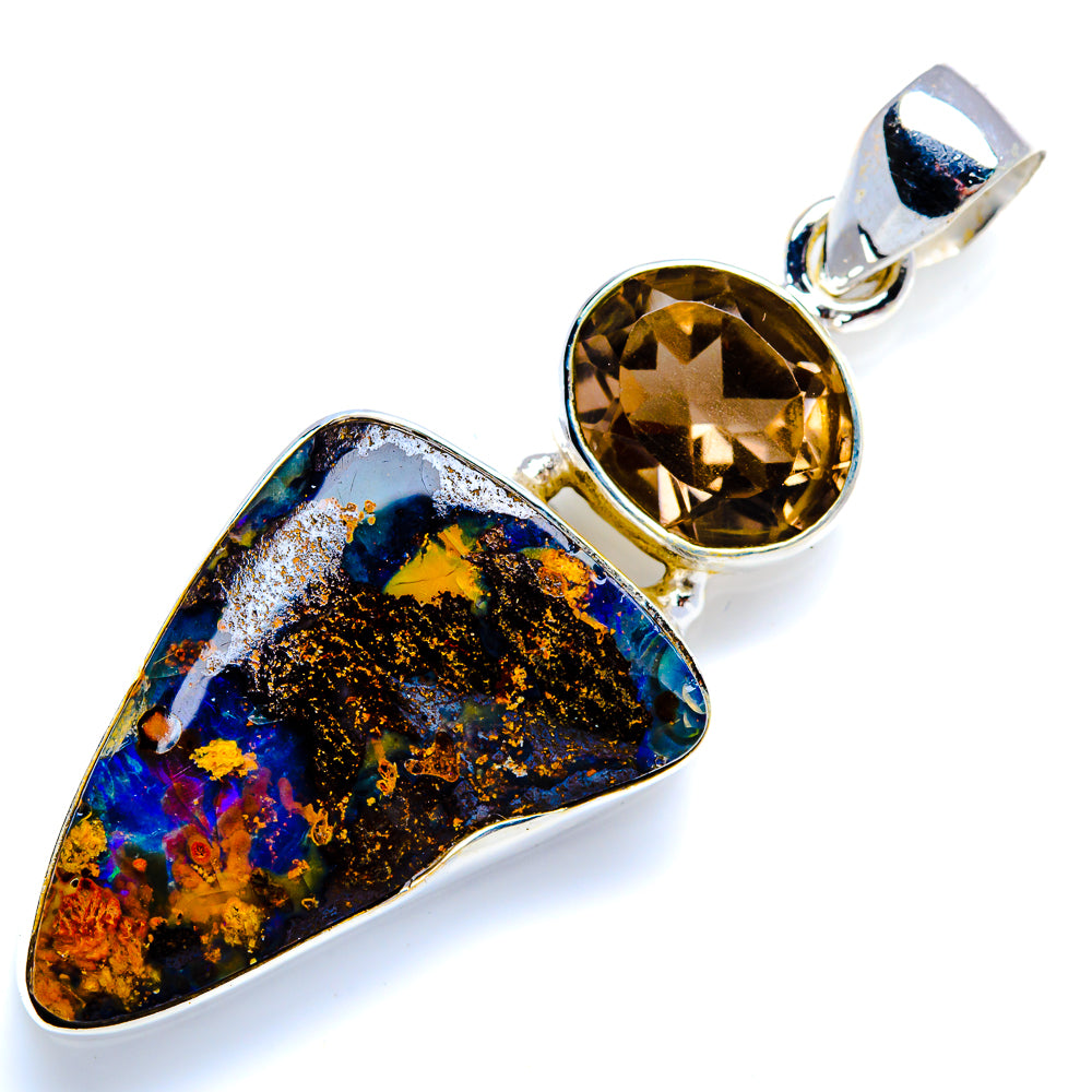 Boulder Opal, Smoky Quartz 925 Sterling Silver Pendant 1 7/8" (925 Sterling Silver) PD38314