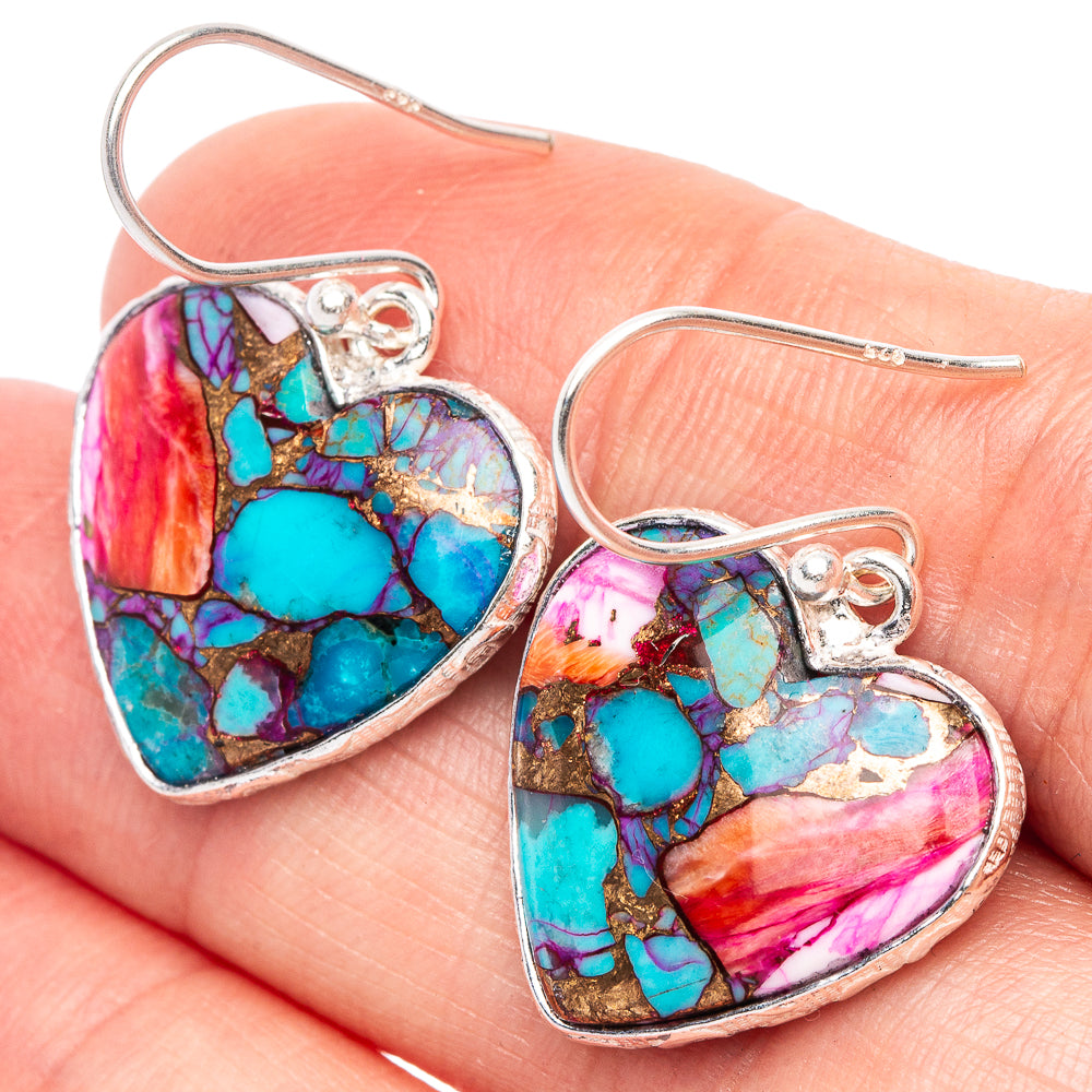 Kingman Pink Dahlia Turquoise Heart Earrings 1 1/4" (925 Sterling Silver) E2378