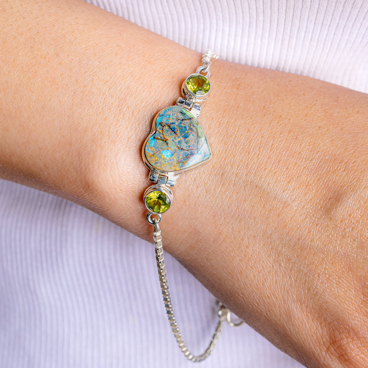 Sterling Opal Heart Bracelet 8 to 9" (.925 Sterling Silver)