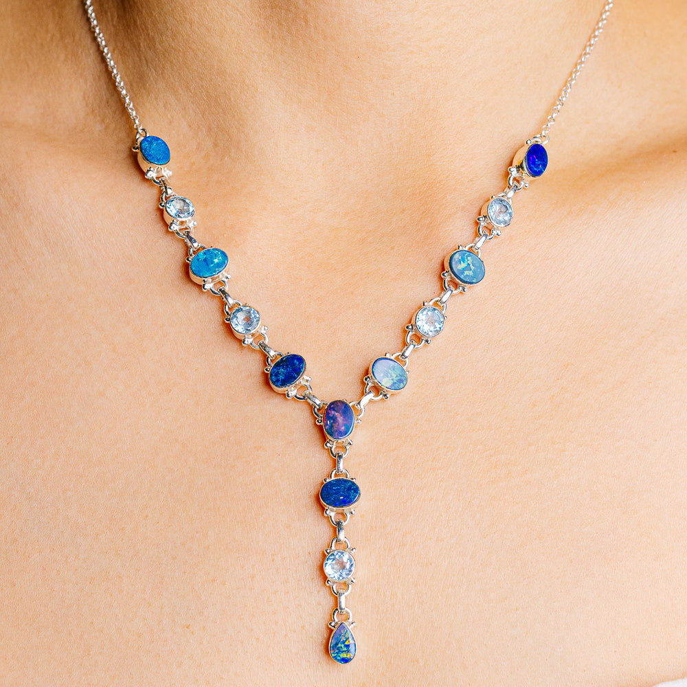 Doublet Opal, Blue Topaz Necklace 18 to 20" (.925 Sterling Silver)
