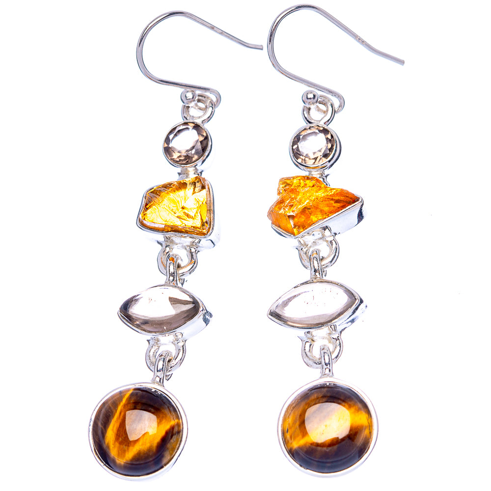 Premium Tiger Eye, Citrine, Smoky Quartz Earrings 2 1/4" (925 Sterling Silver) E1249