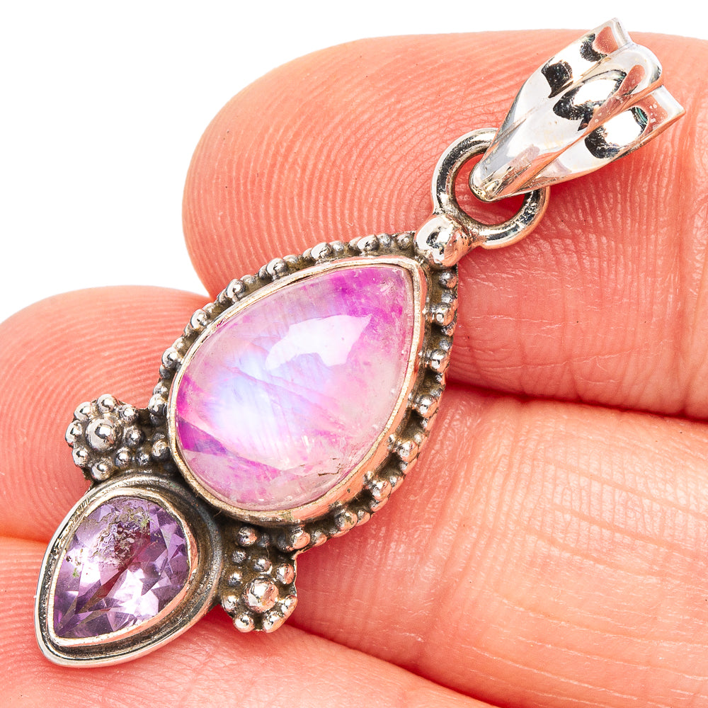 Pink Moonstone, Amethyst Pendant 1 1/2" (925 Sterling Silver) P44943
