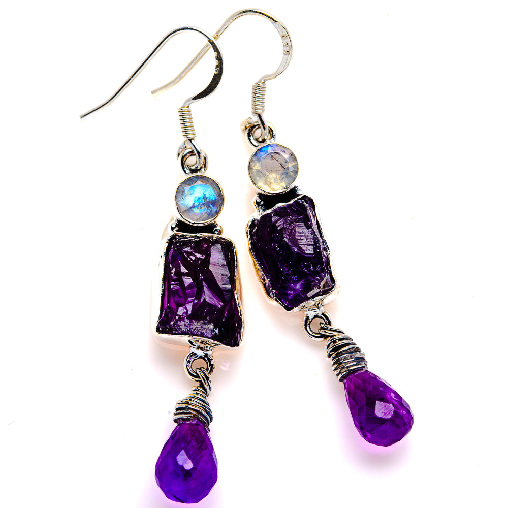 Rough Amethyst, Rainbow Moonstone Earrings 2" (925 Sterling Silver) EARR432122