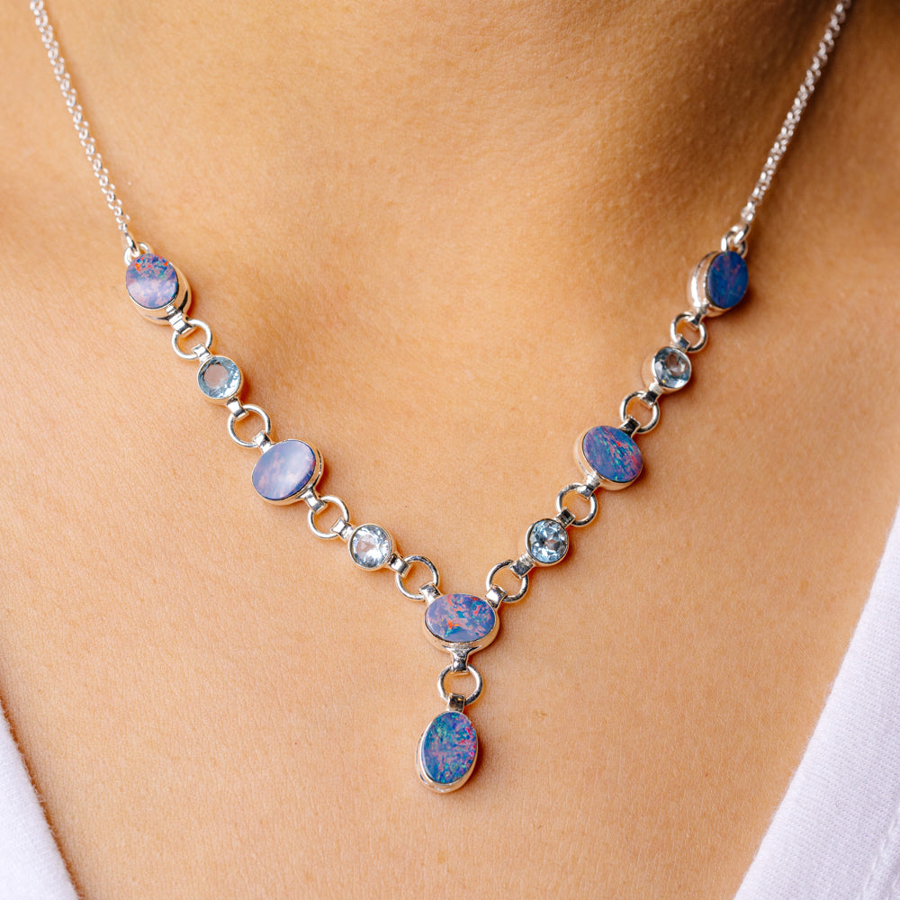 Rare Doublet Opal Necklace 17 To 18 3/4" (925 Sterling Silver) N90136