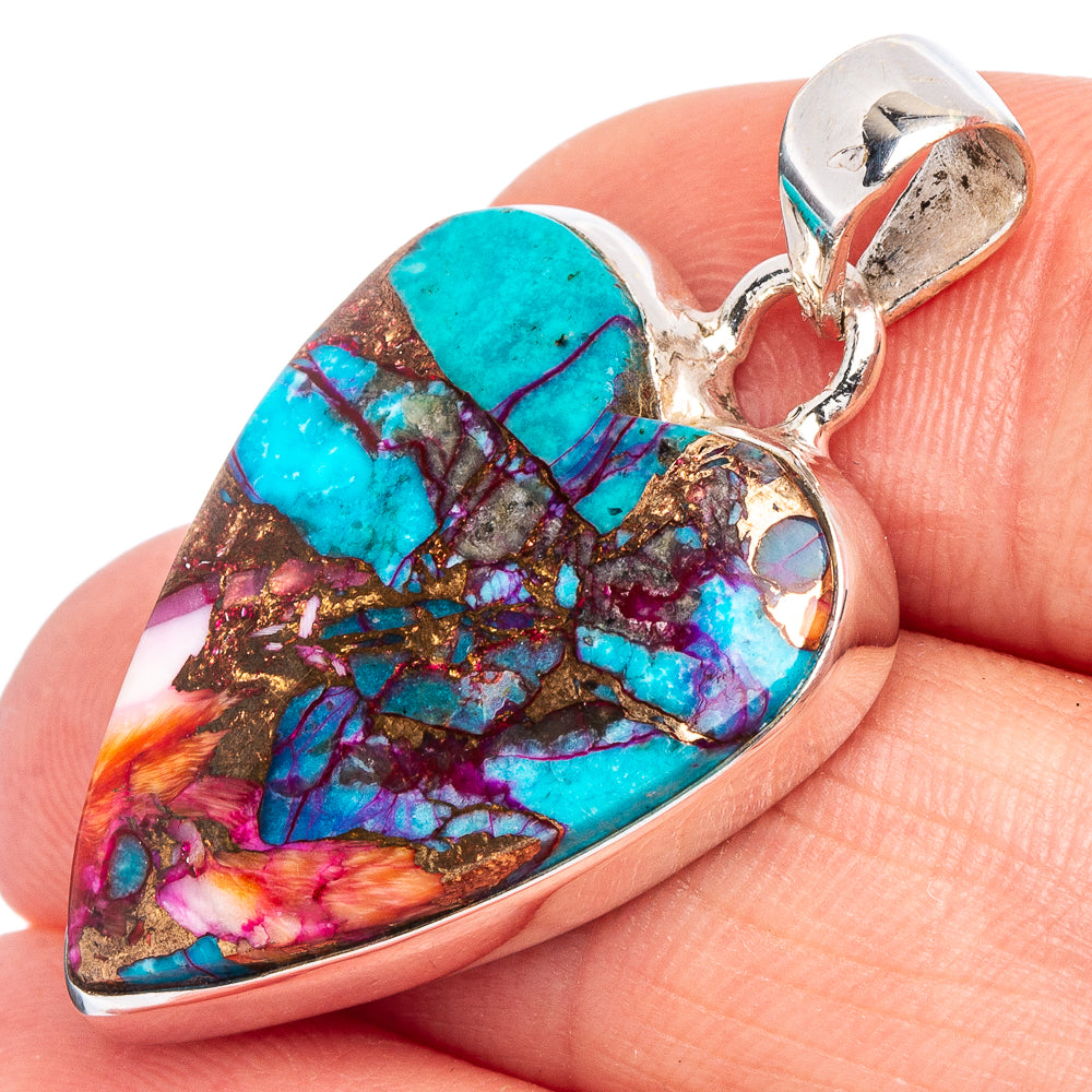 Kingman Pink Dahlia Turquoise Heart Pendant 1 3/8" (925 Sterling Silver) P44929