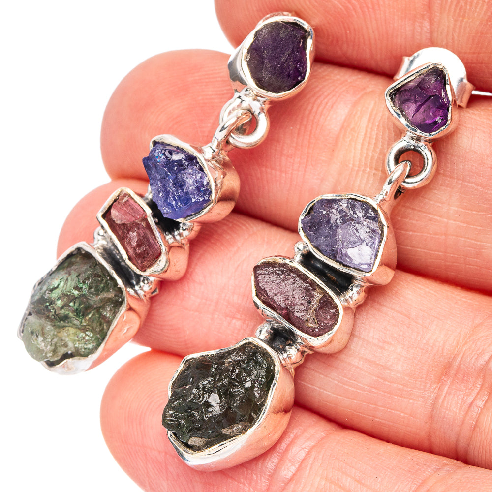 Green Tourmaline, Amethyst, Tanzanite 925 Sterling Silver Earrings 1 3/8" (925 Sterling Silver) E2141