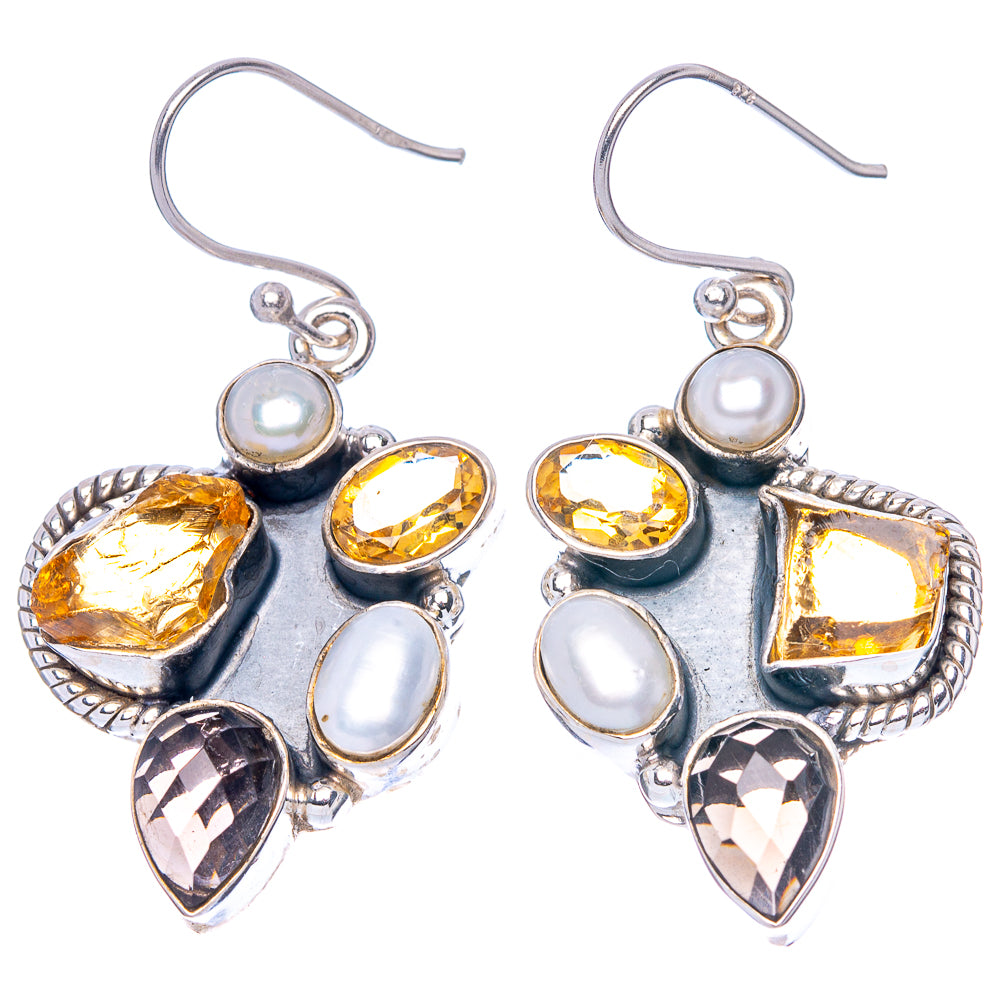 Premium Faceted Citrine, Smoky Quartz, Cultured Pearl Earrings 1 5/8" (925 Sterling Silver) E1601
