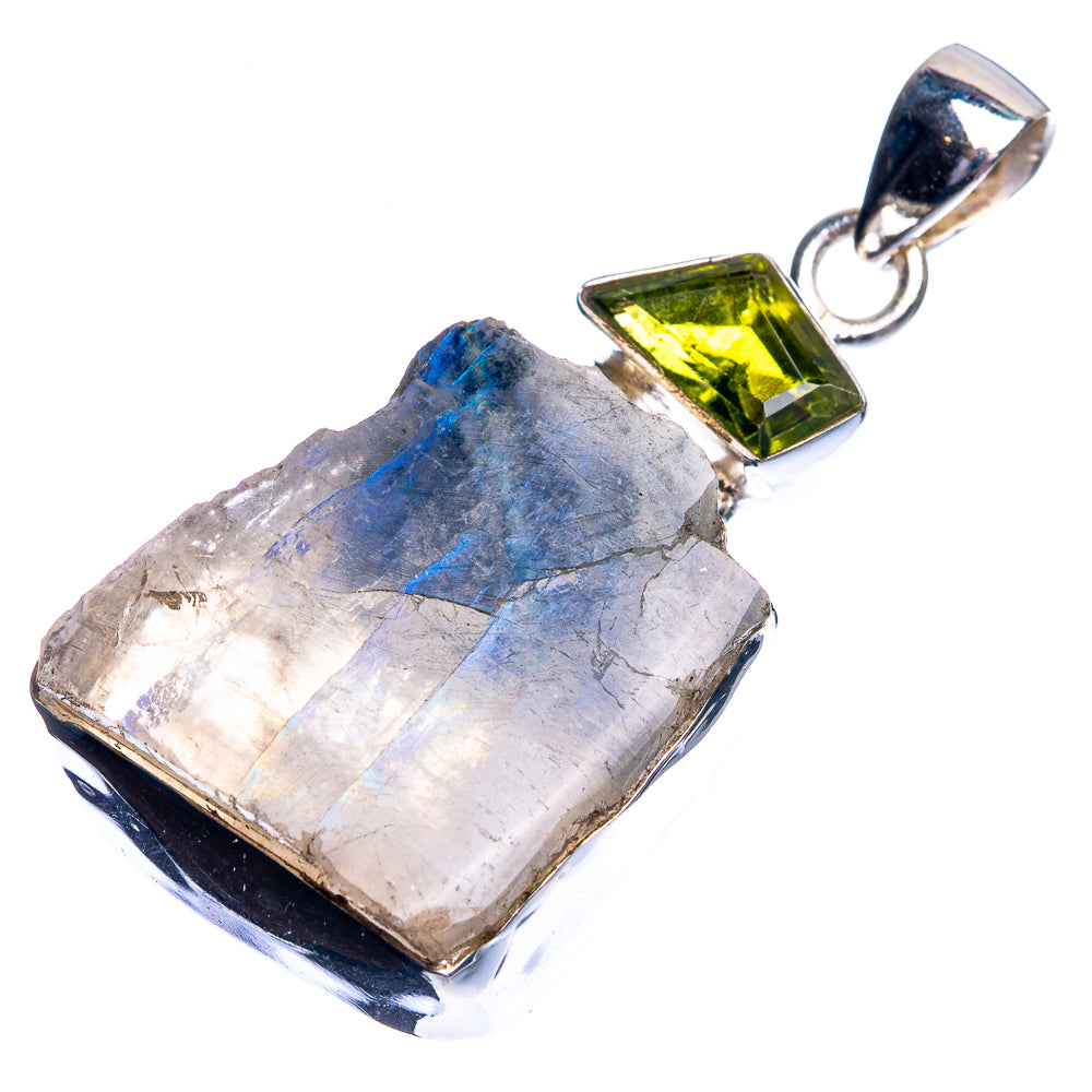 Raw Rainbow Moonstone, Peridot Pendant 1 3/4" (925 Sterling Silver) P39124