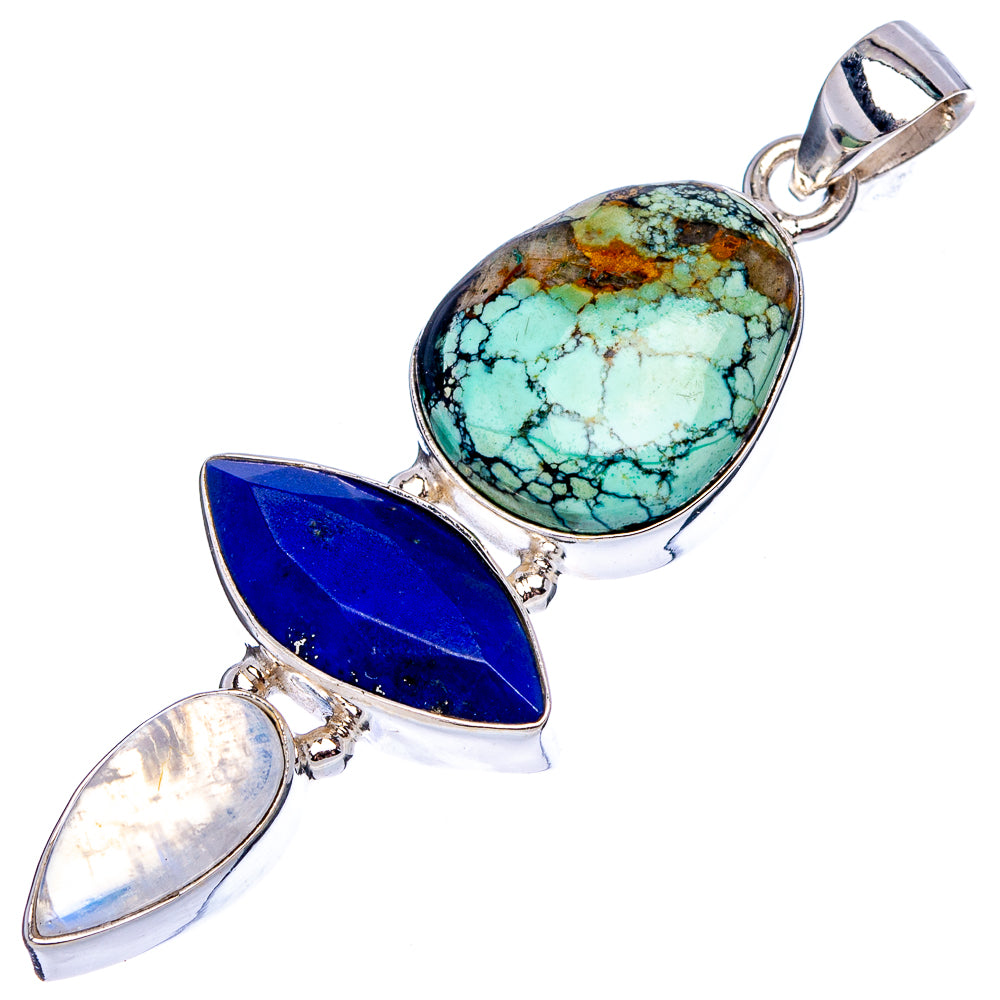 Premium Tibetan Turquoise, Lapis Lazuli, Rainbow Moonstone Pendant 2 1/4" (.925 Sterling Silver)