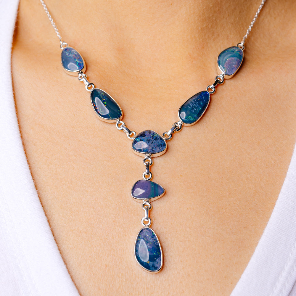 Rare Triplet Opal Necklace 16 3/4 To 18 1/2" (925 Sterling Silver) N90114