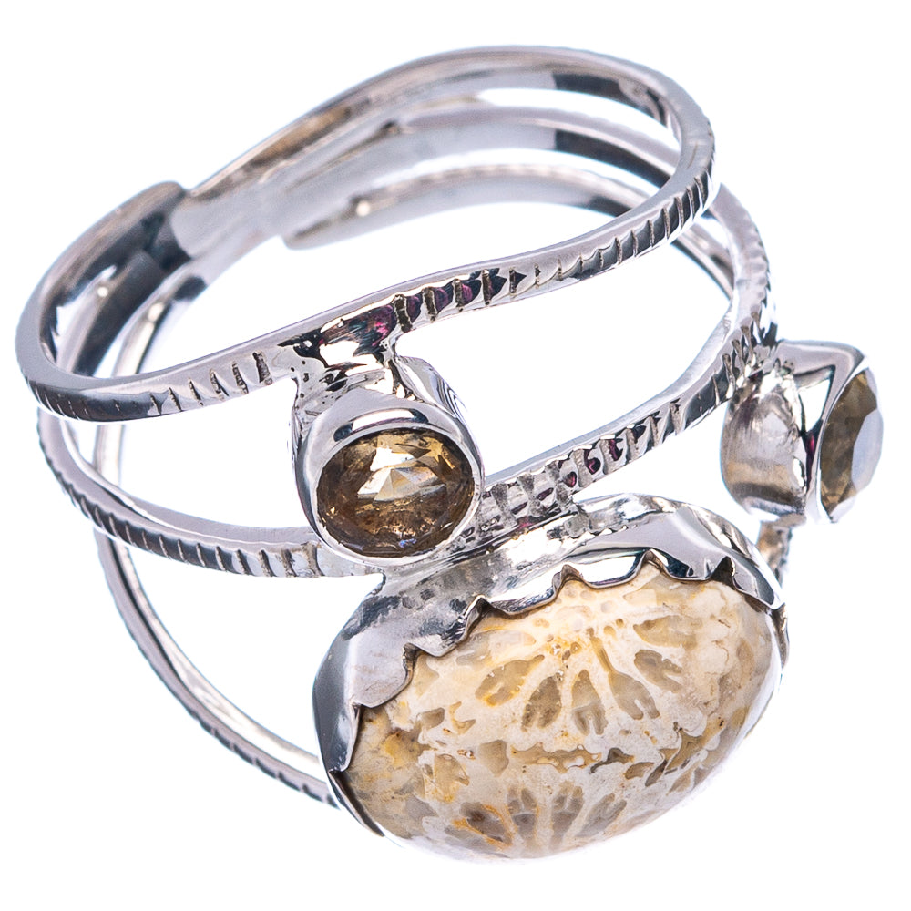 Premium Fossil Coral, Citrine Ring Size 6.75 (.925 Sterling Silver)