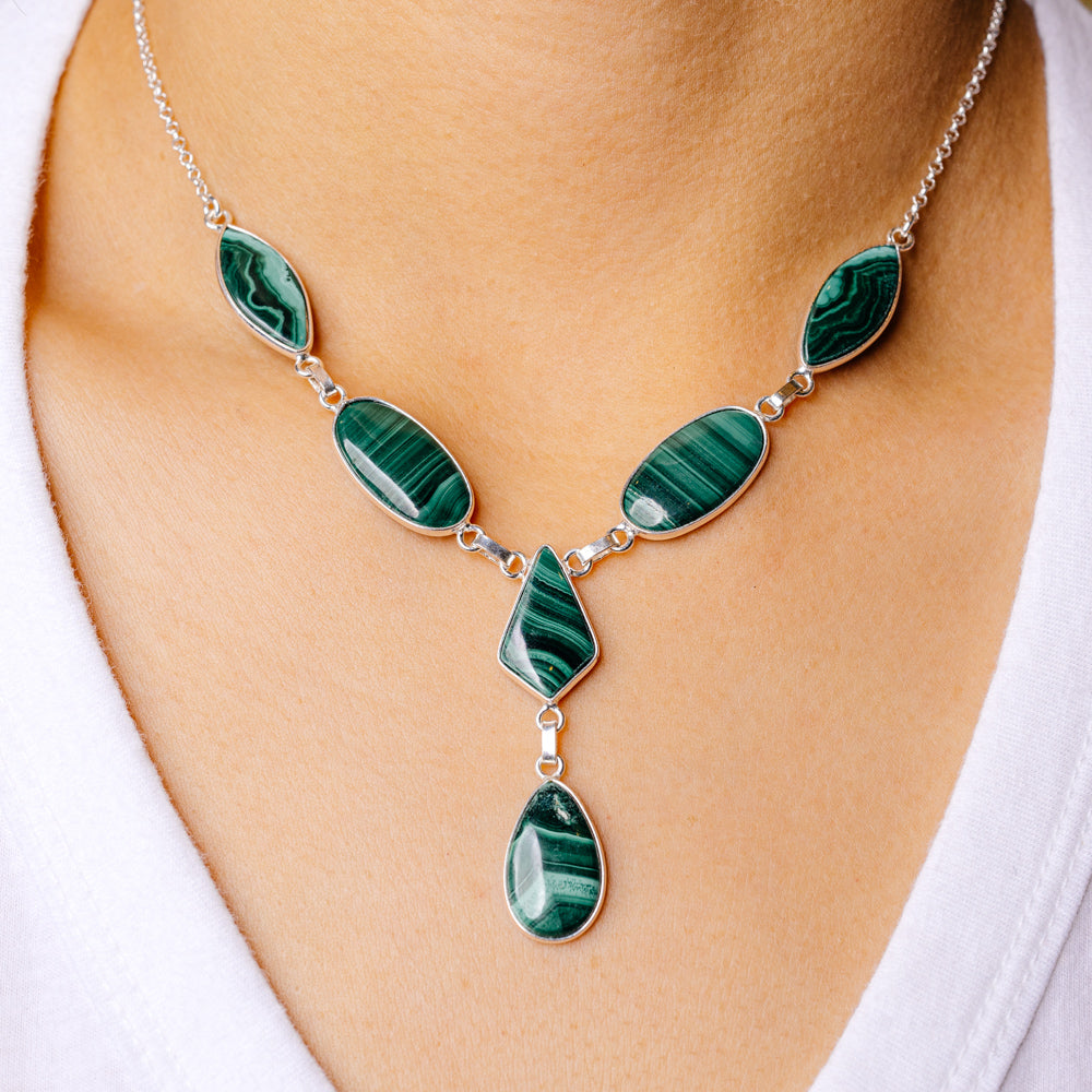 Malachite Necklace 16 1/4 To 18" (925 Sterling Silver) N90124