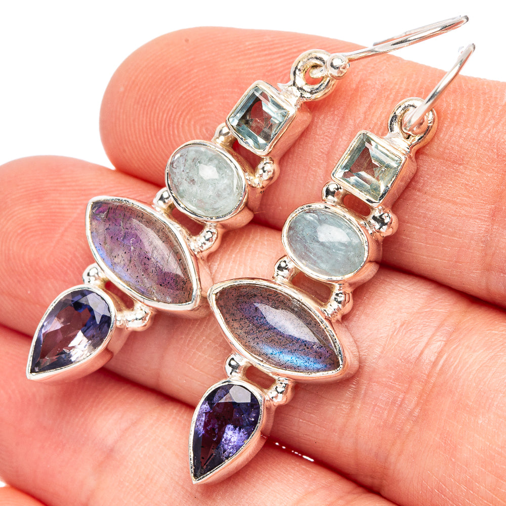 Labradorite, Tanzanite, Aquamarine, Blue Topaz 925 Sterling Silver Earrings 1 3/4" (925 Sterling Silver) E2213