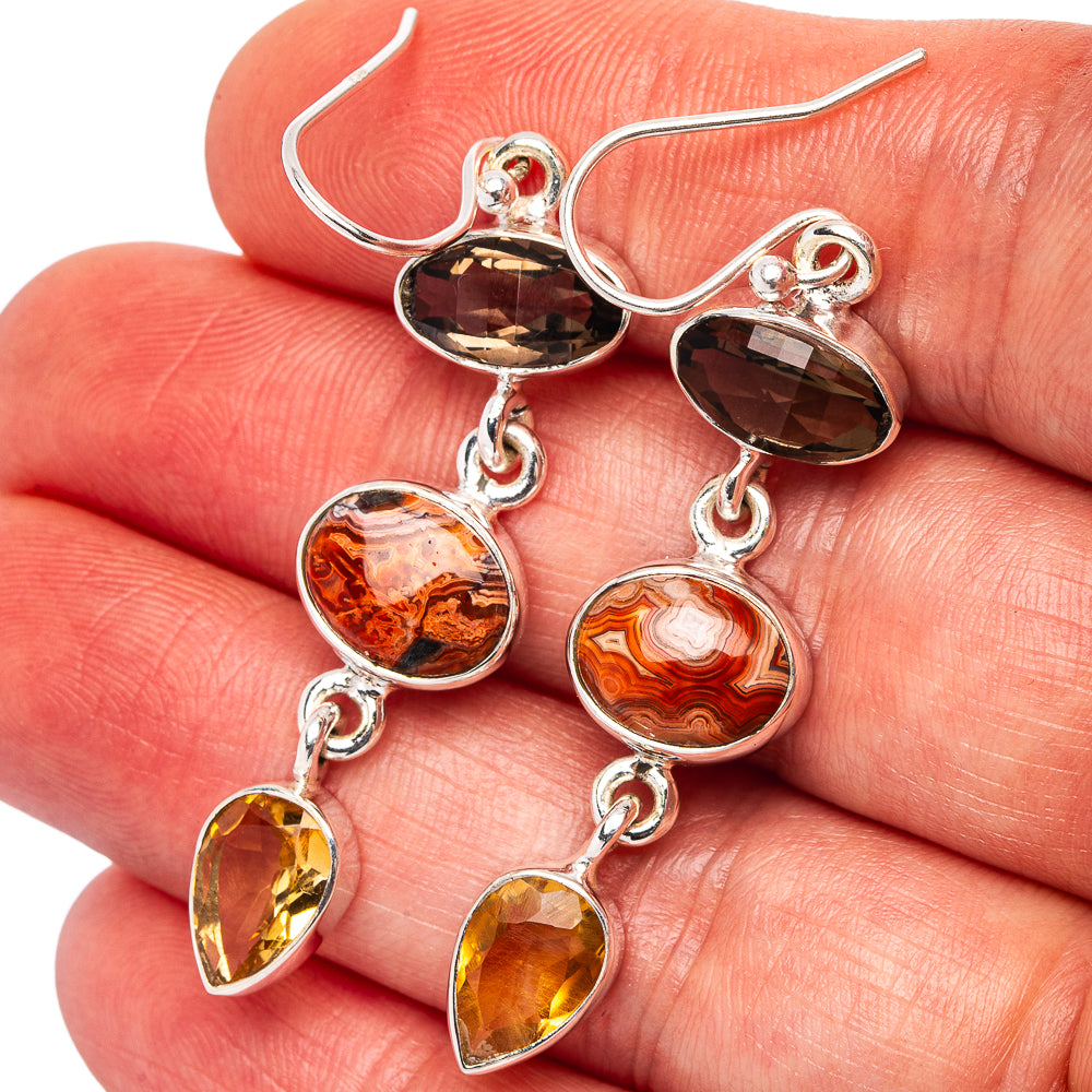 Premium Laguna Lace Agate, Smoky Quartz, Citrine Earrings 2 1/8" (.925 Sterling Silver)