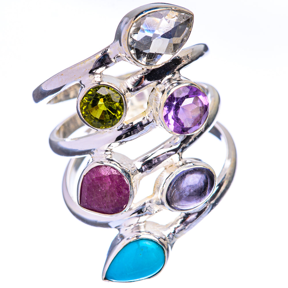 Sleeping Beauty Turquoise, Amethyst, Peridot, Tanzanite, Ruby, White Quartz Ring Size 8 (925 Sterling Silver) R142670