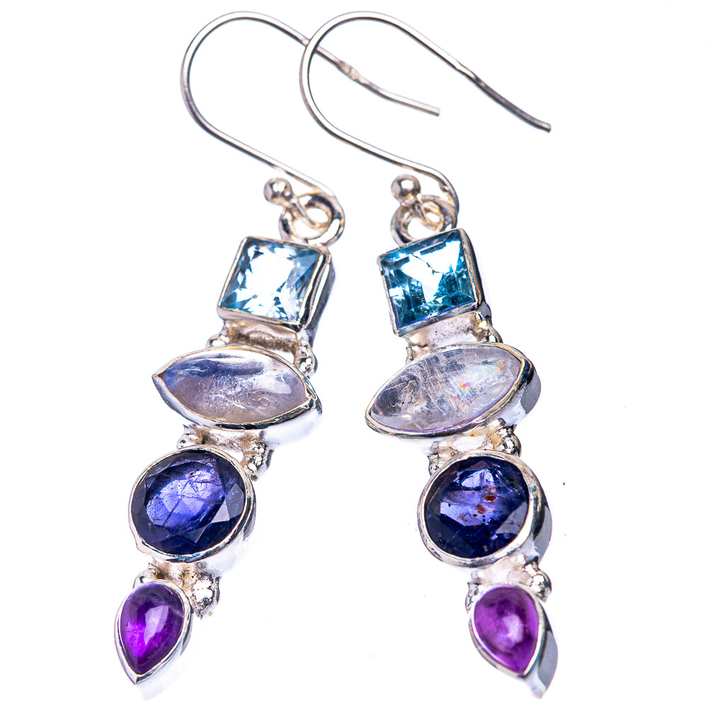 Rainbow Moonstone, Tanzanite, Blue Topaz, Amethyst Earrings 1 7/8" (925 Sterling Silver) E432576