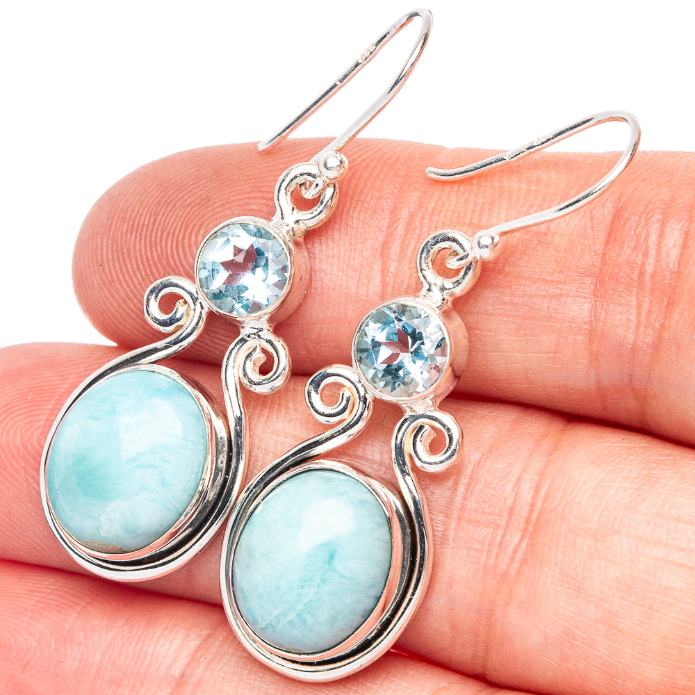 Larimar, Blue Topaz 925 Sterling Silver Earrings 1 5/8" (925 Sterling Silver) E2085