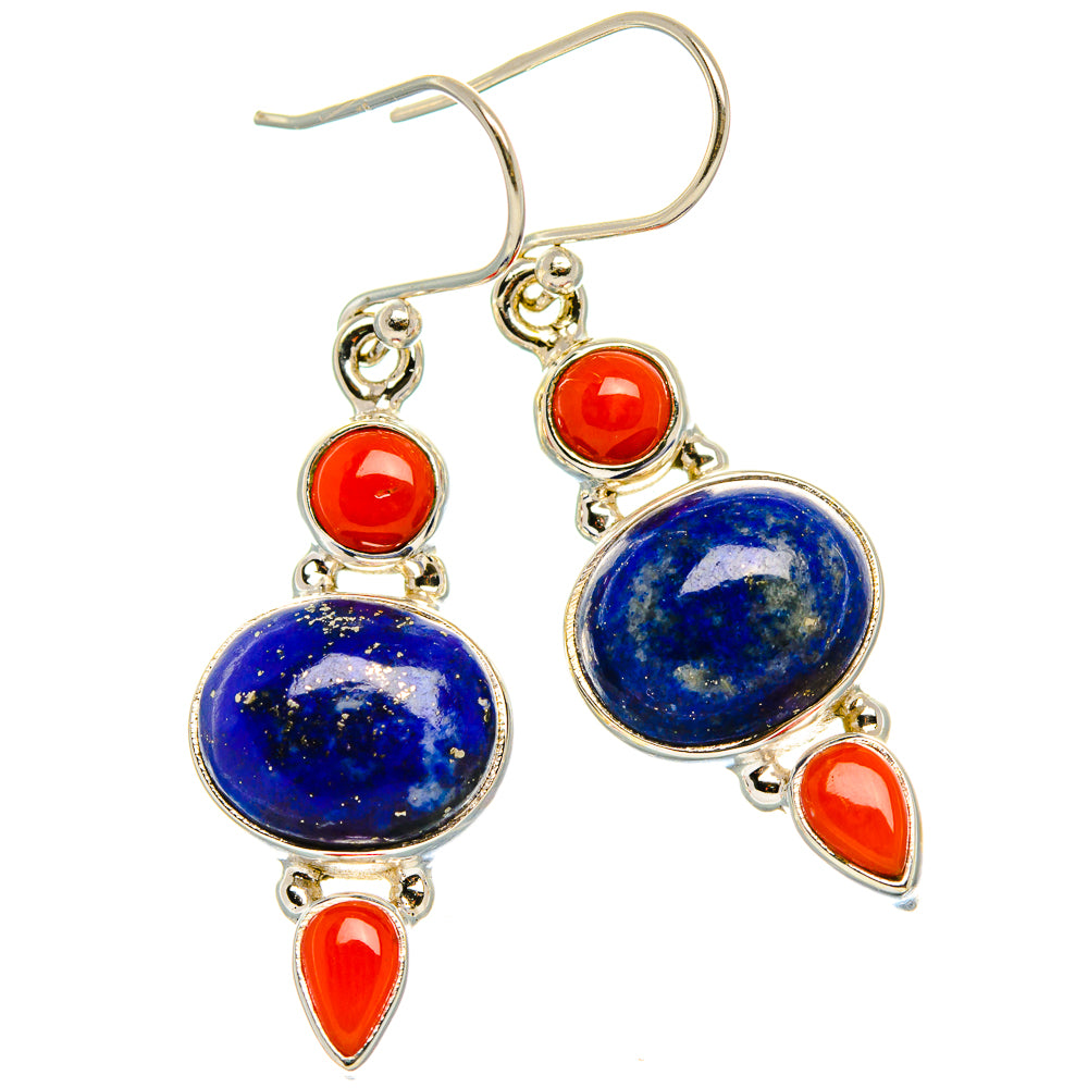Lapis Lazuli, Red Coral Earrings 1 5/8" (925 Sterling Silver) EARR431892