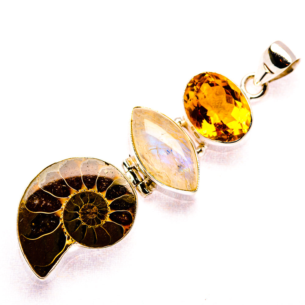 Ammonite Fossil, Rainbow Moonstone, Citrine Pendant 2 3/8" (925 Sterling Silver) PD37431