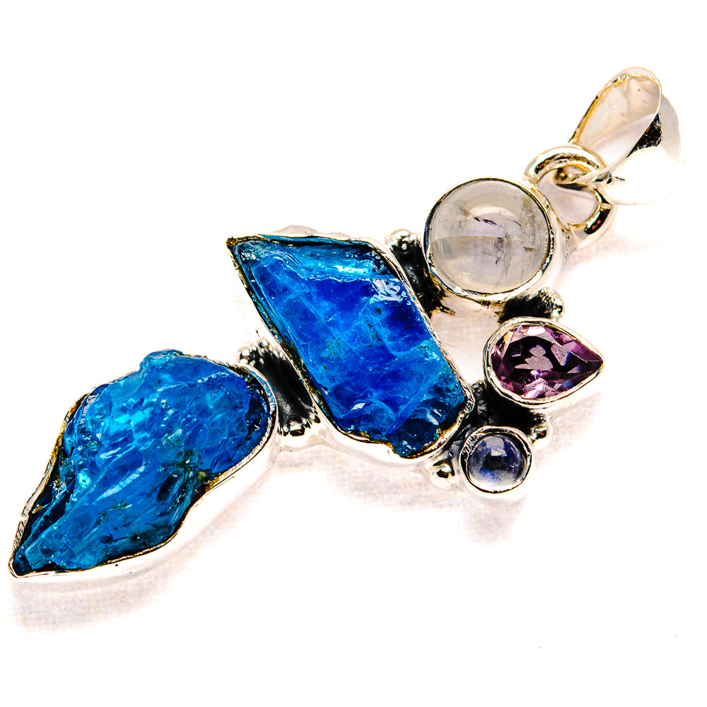 Rough Blue Fluorite, Rainbow Moonstone, Amethyst Pendant 1 3/4" (925 Sterling Silver) PD36785