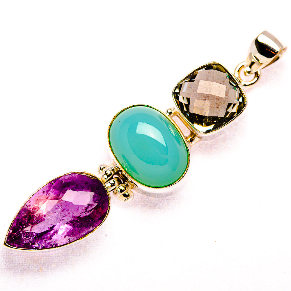 Natural Aquamarine, Amethyst, Green Amethyst Pendant 2 3/8" (925 Sterling Silver) PD37428