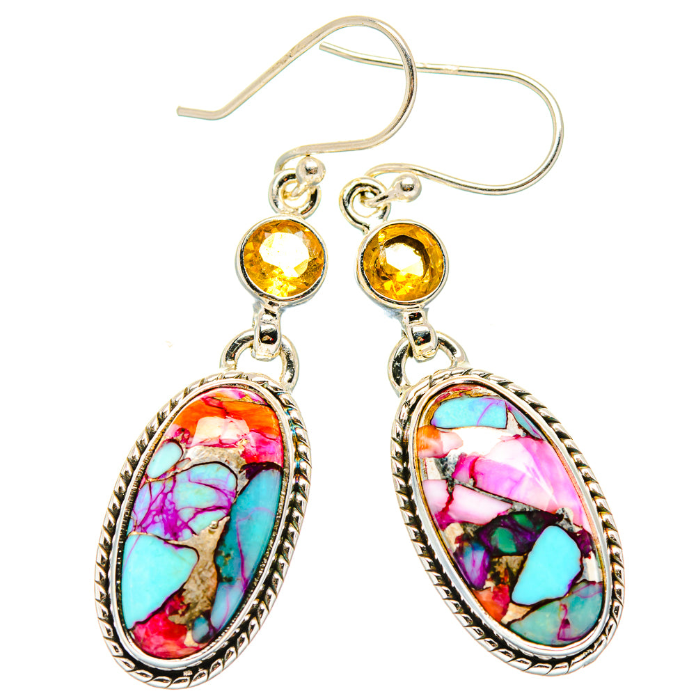 Kingman Pink Dahlia Turquoise, Citrine Earrings handcrafted by Anasilvercos - EARR430345 - Photo 2