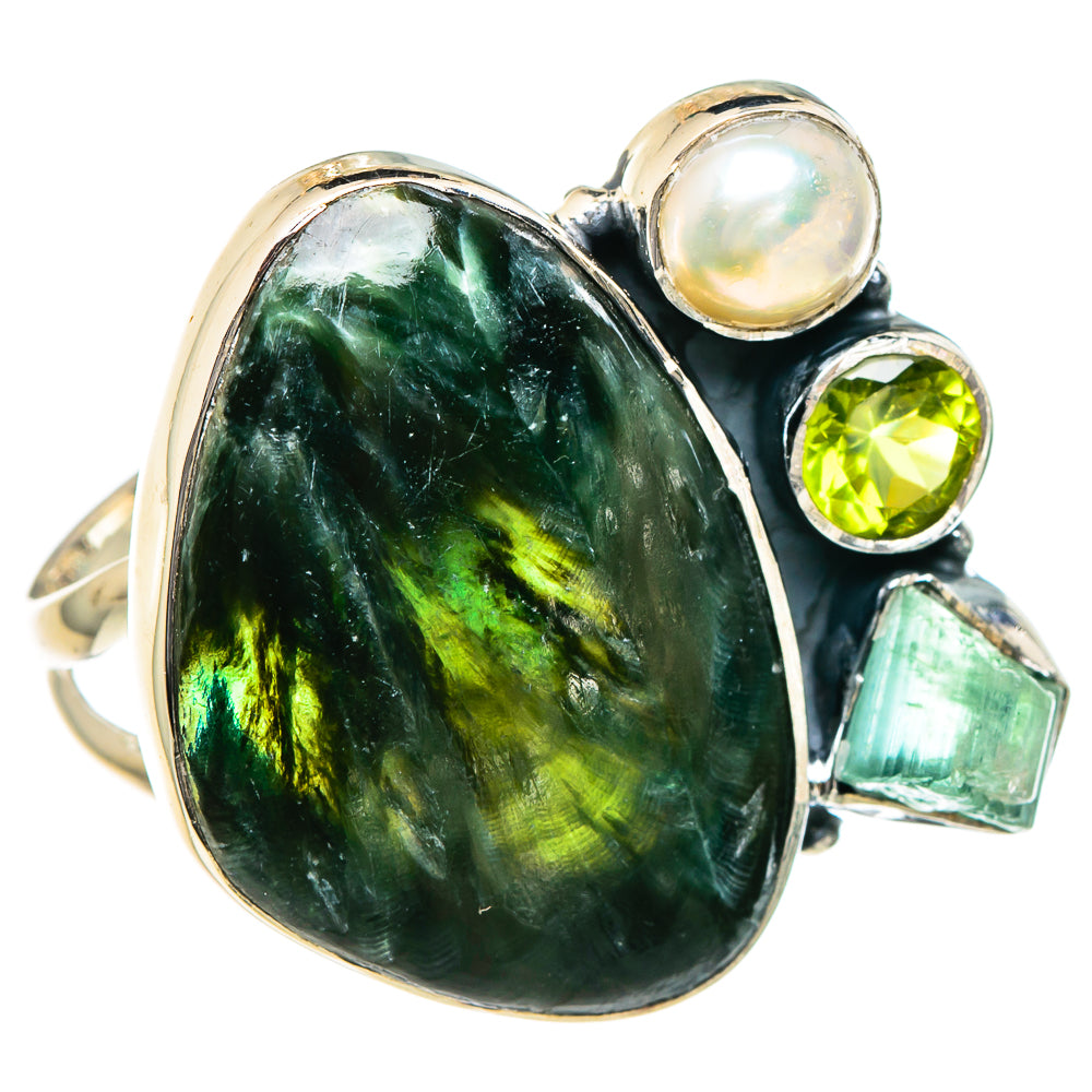Seraphinite, Green Tourmaline, Peridot, Cultured Pearl Rings handcrafted by Anasilvercos - RING95129