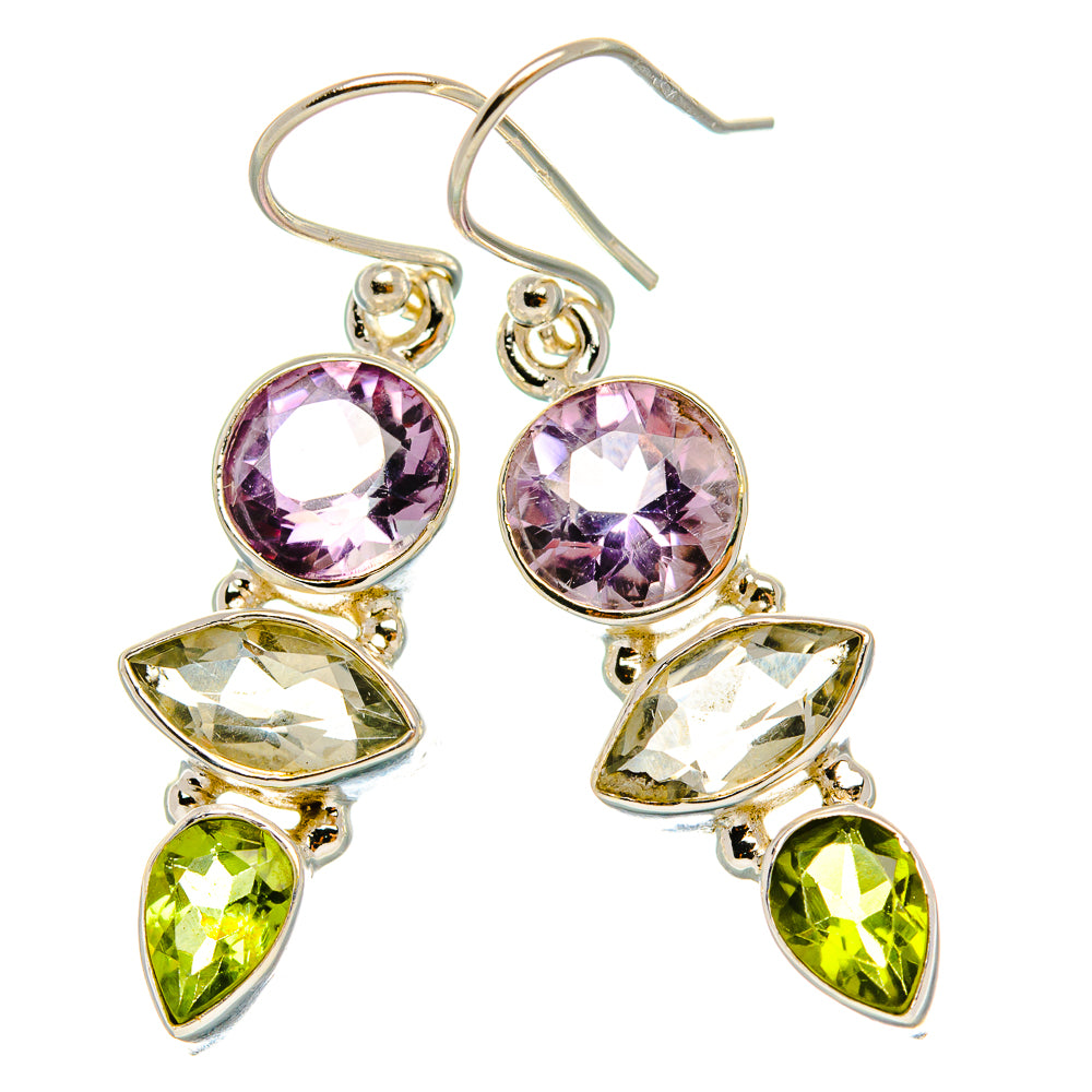 Anasilvercos Faceted Green Amethyst, Amethyst, Peridot Earrings 1 1/2" (925 Sterling Silver)