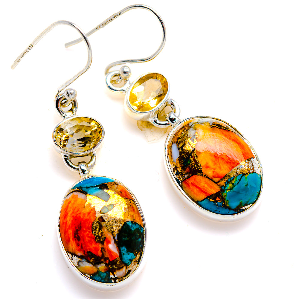Spiny Oyster Turquoise, Citrine Earrings 1 3/4" (925 Sterling Silver) EARR432118