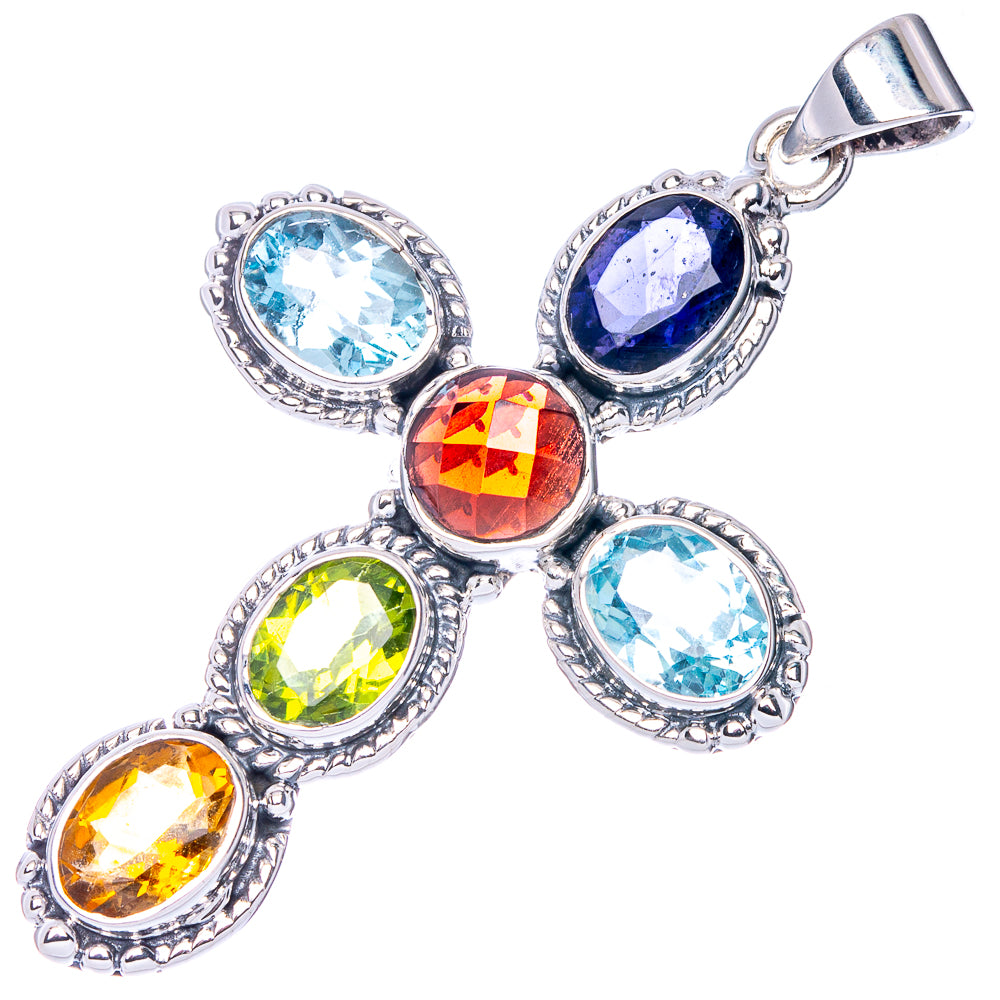 Signature Garnet, Blue Topaz, Peridot, Citrine, Tanzanite Cross Pendant 2" (925 Sterling Silver) P41830