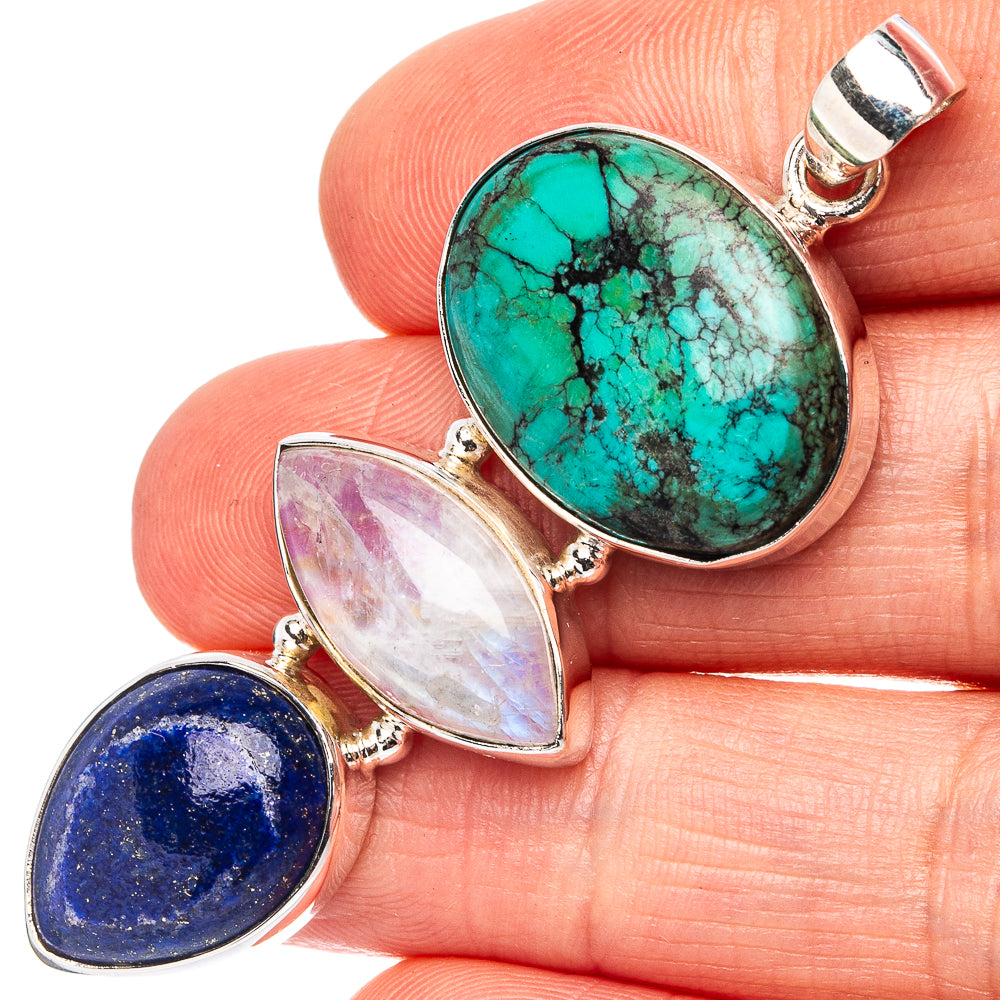 Premium Tibetan Turquoise, Rainbow Moonstone, Lapis Lazuli Pendant 2 1/4" (.925 Sterling Silver)