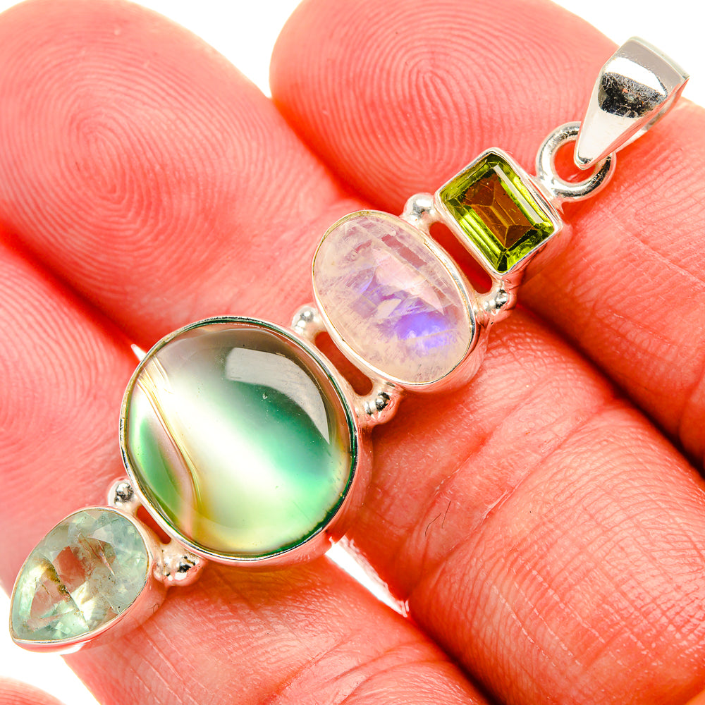 Green Onyx, Rainbow Moonstone, Aquamarine, Peridot Pendant 2 1/4" (925 Sterling Silver) PD38008