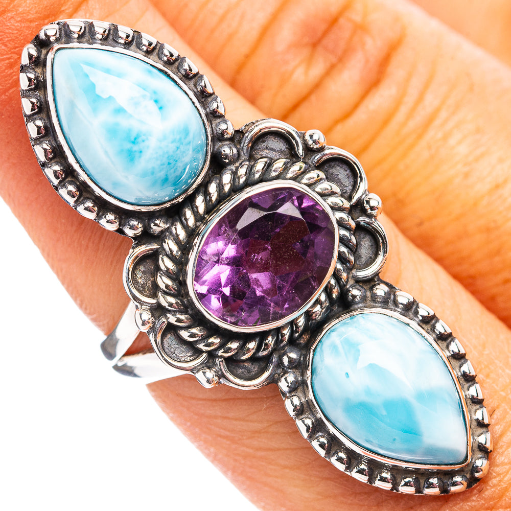 Premium Larimar, Amethyst Ring Size 7 (.925 Sterling Silver)