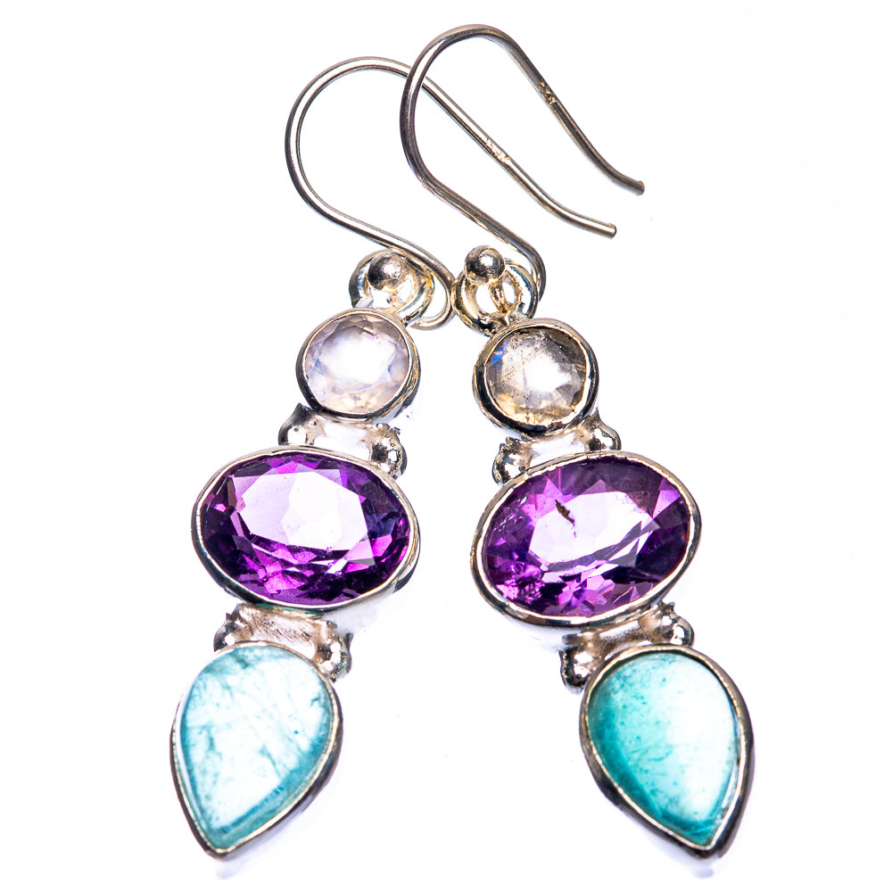 Aquamarine, Amethyst, Rainbow Moonstone Earrings 1 3/4" (925 Sterling Silver) E432635