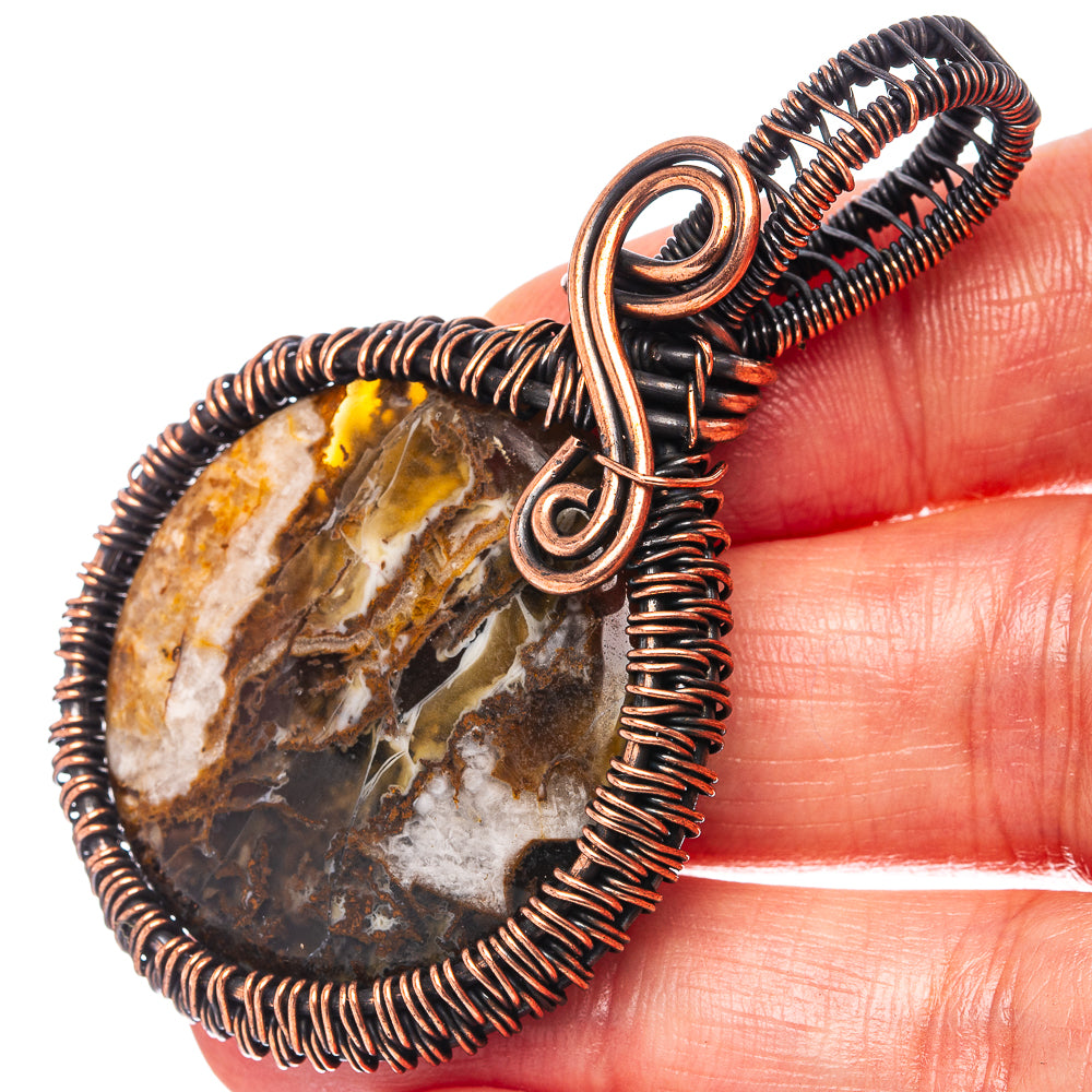 Turkish Tube Agate Wire Wrap Pendant 2 3/8" (Oxidized Copper)