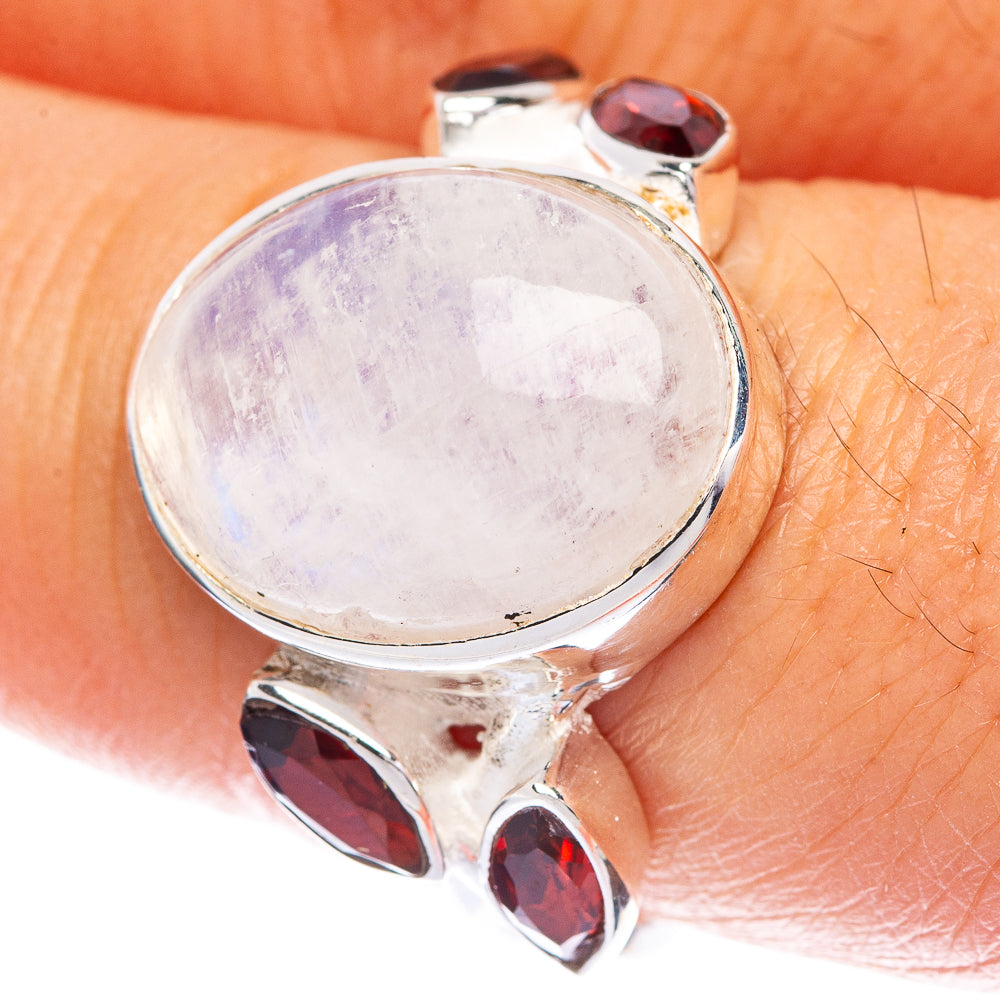 Rainbow Moonstone, Garnet Ring Size 7.75 (925 Sterling Silver) R144574
