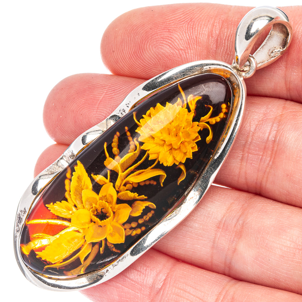 Anasilvercos Baltic Amber Cameo Pendant 2 5/8" (925 Sterlnig Silver)