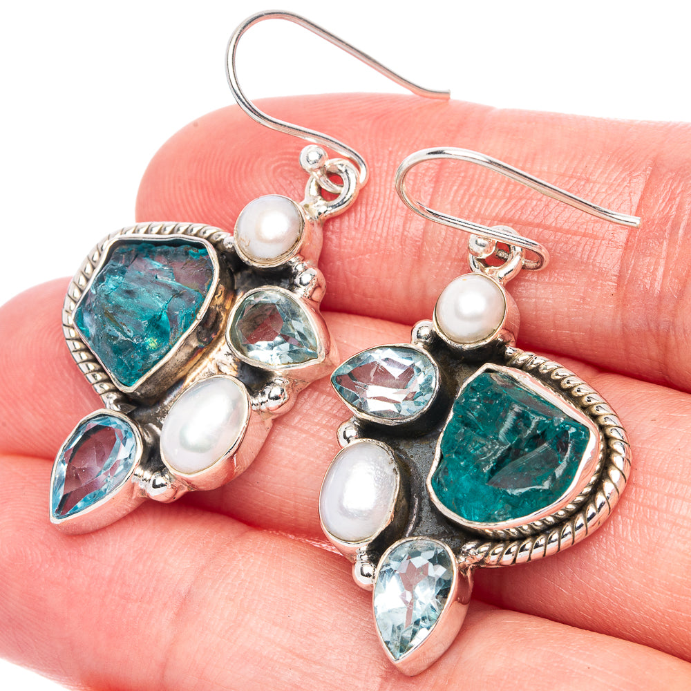 Premium Rough Apatite, Blue Topaz, Cultured Pearl Earrings 1 5/8" (925 Sterling Silver) E1239