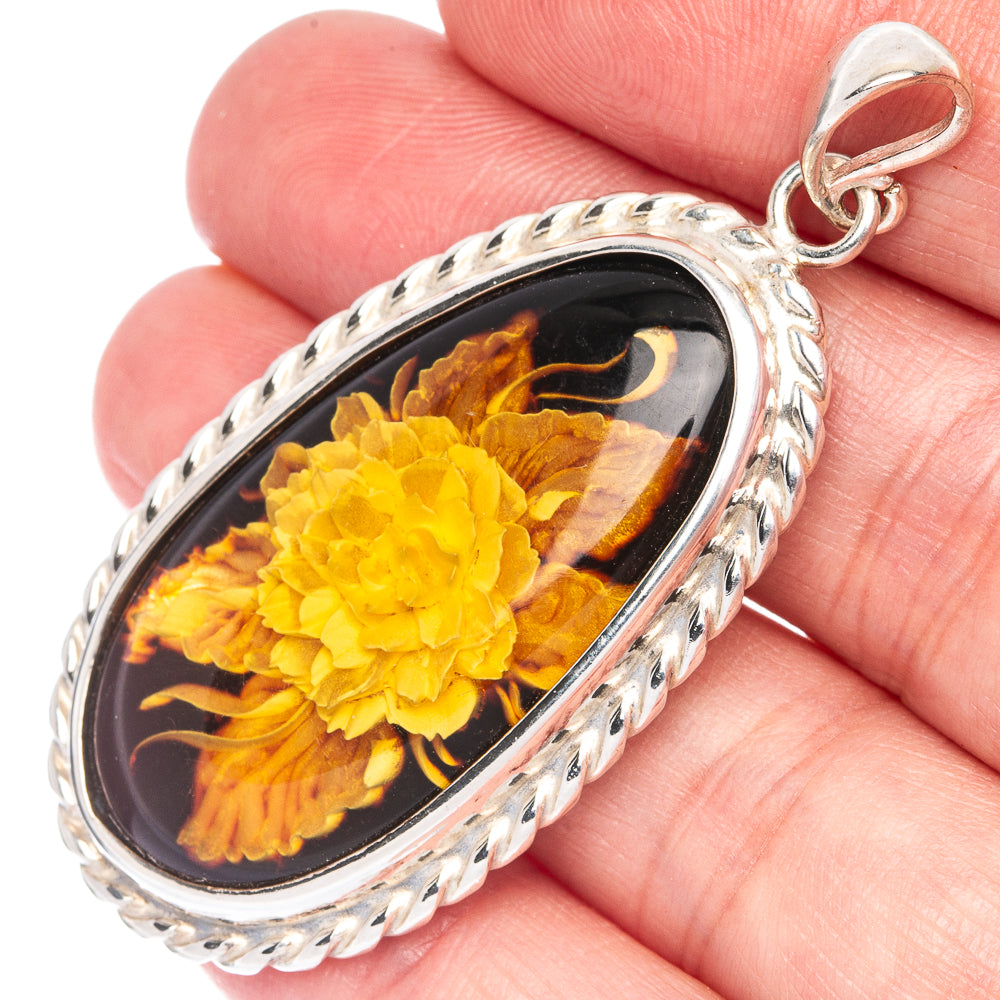 Anasilvercos Baltic Amber Cameo Pendant 2 1/4" (925 Sterlnig Silver)