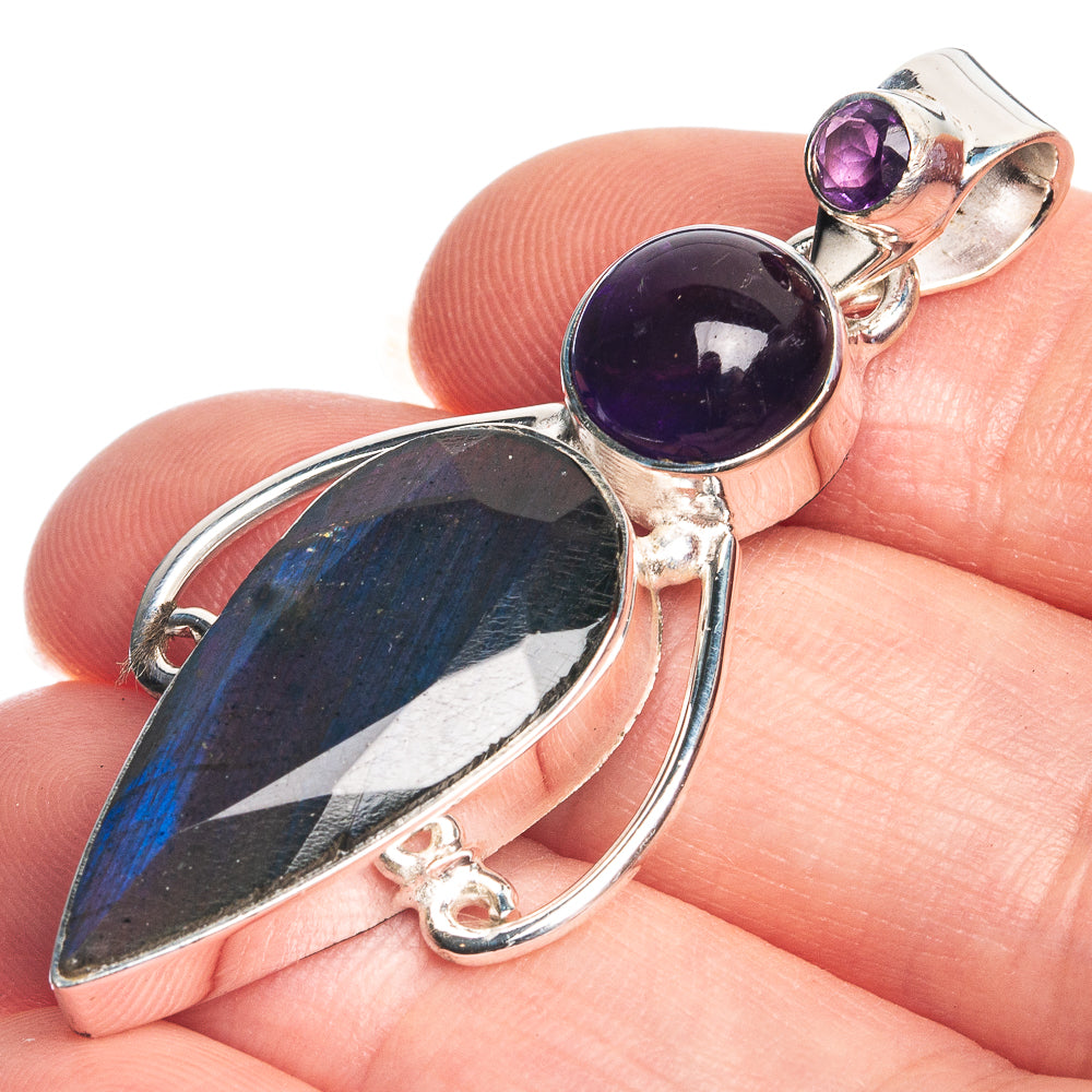 Labradorite, Amethyst 925 Sterling Silver Pendant 1 3/4"