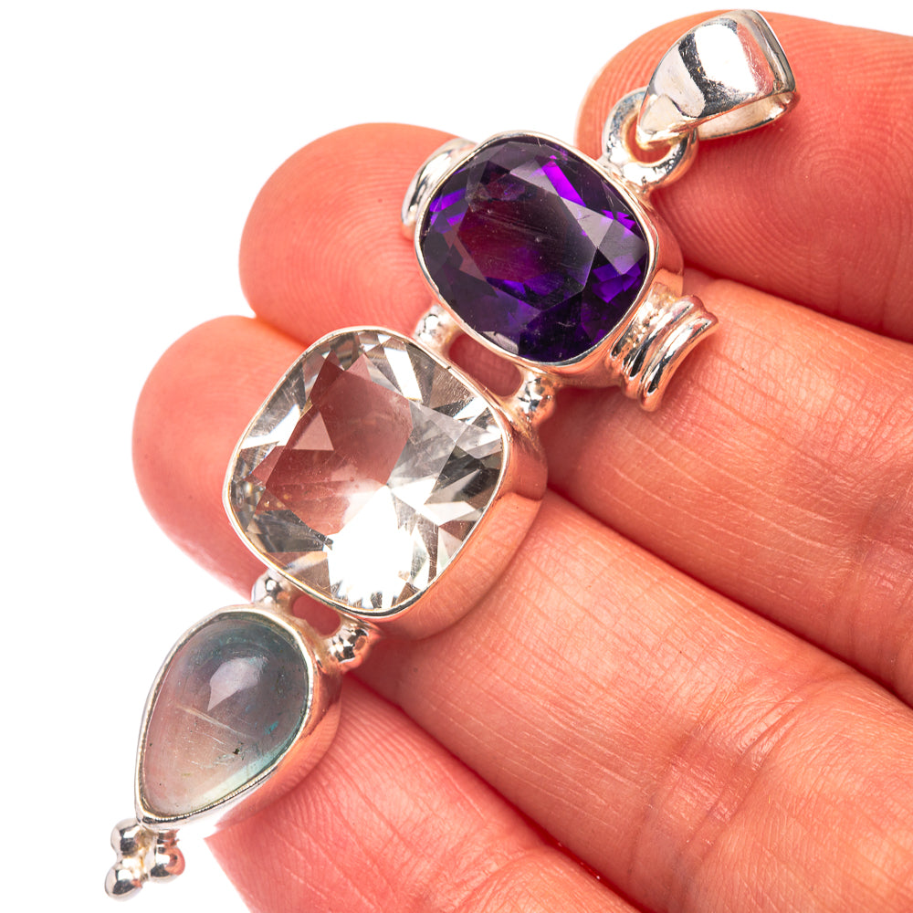 White Quartz, Amethyst, Blue Fluorite 925 Sterling Silver Pendant 2 1/8" (925 Sterling Silver) PD38673