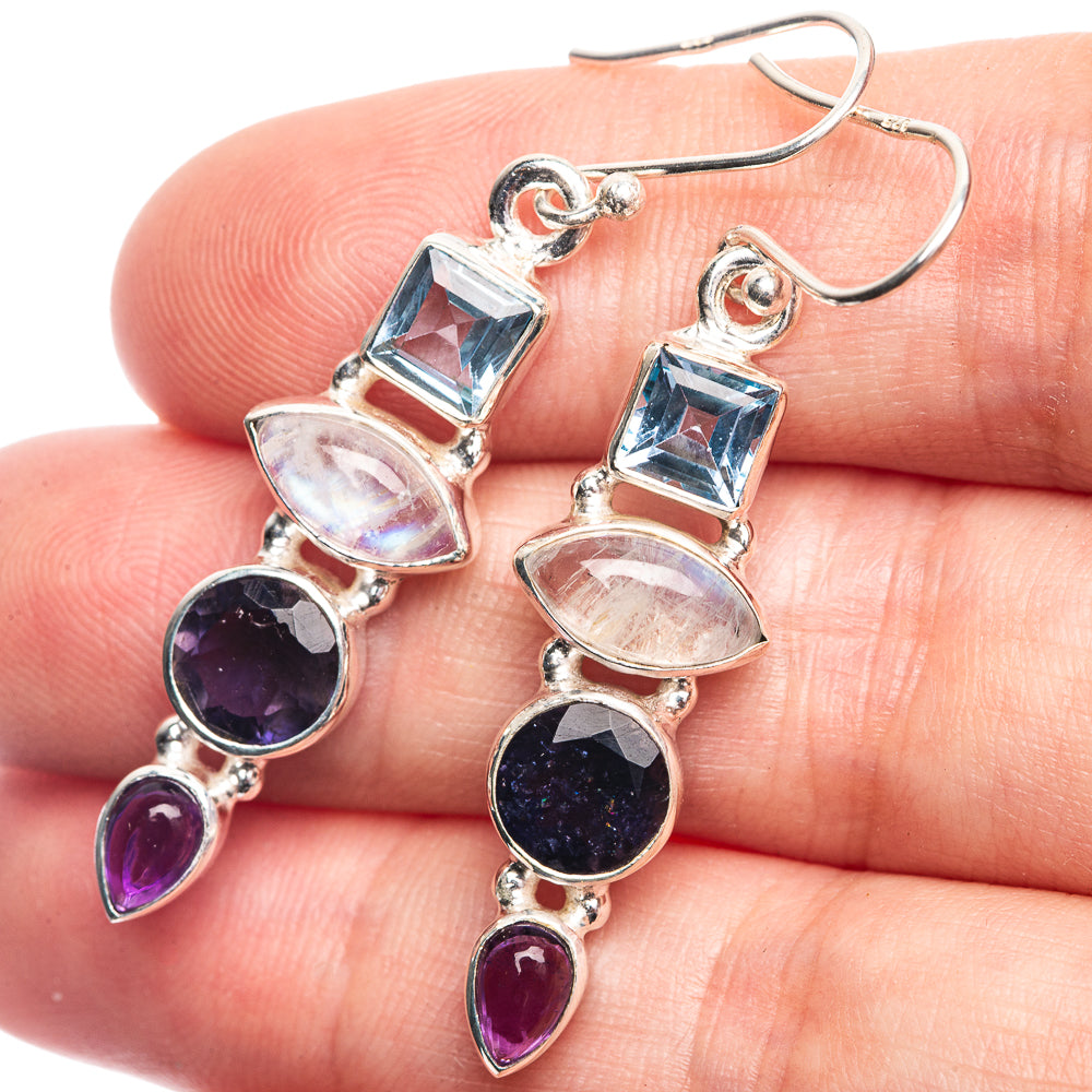 Rainbow Moonstone, Tanzanite, Blue Topaz, Amethyst Earrings 1 7/8" (925 Sterling Silver) E432534