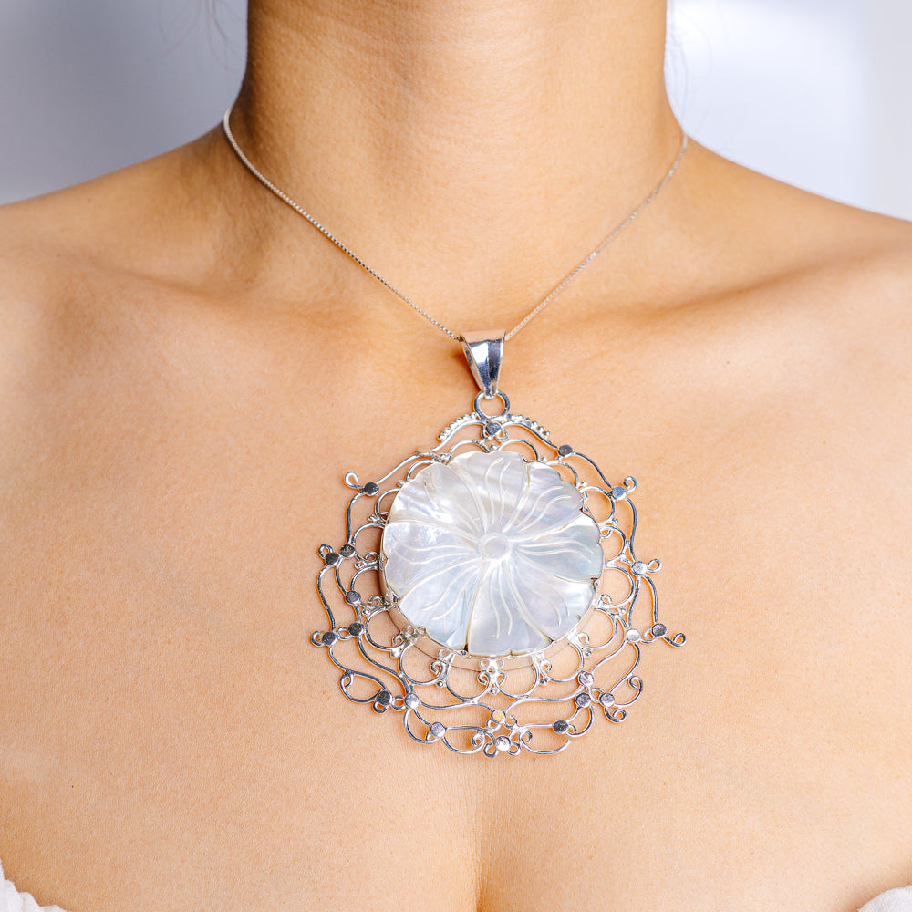 Gigantic Mother Of Pearl Pendant 4" (.925 Sterling Silver)
