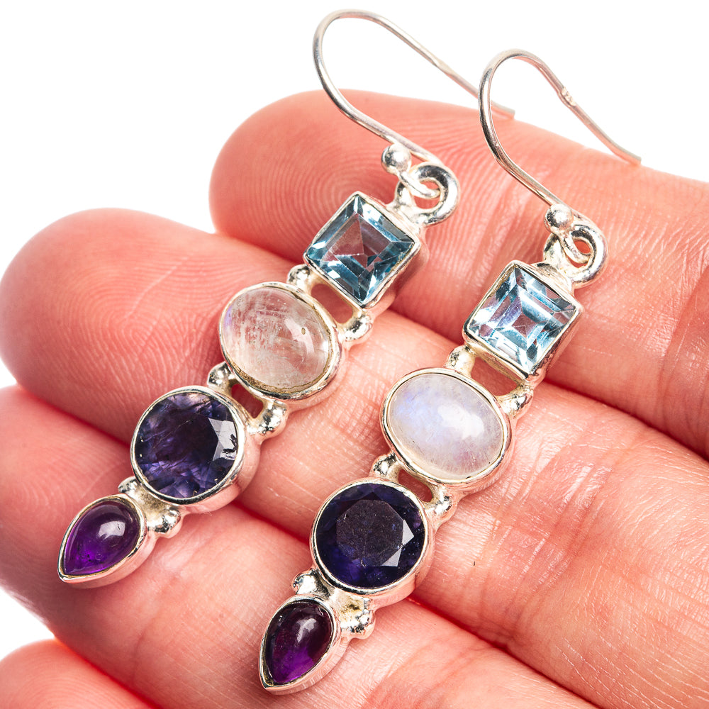 Rainbow Moonstone, Tanzanite, Amethyst, Blue Topaz Earrings 1 7/8" (925 Sterling Silver) E432990