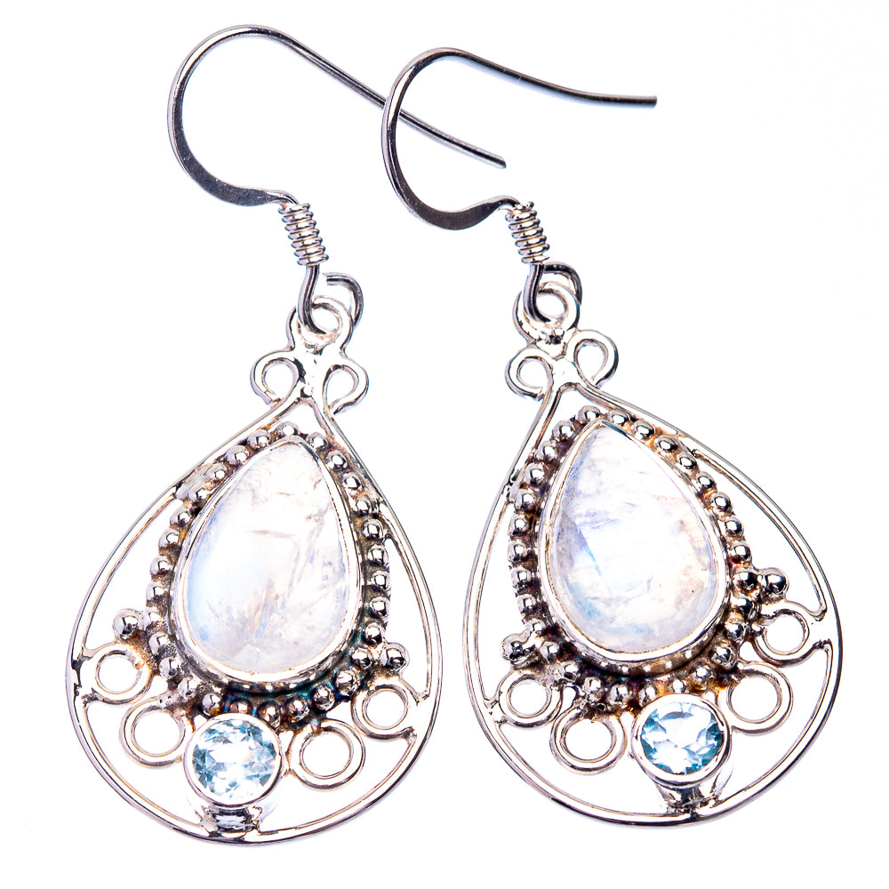 Premium Rainbow Moonstone, Blue Topaz Earrings 1 5/8" (925 Sterling Silver) E432368