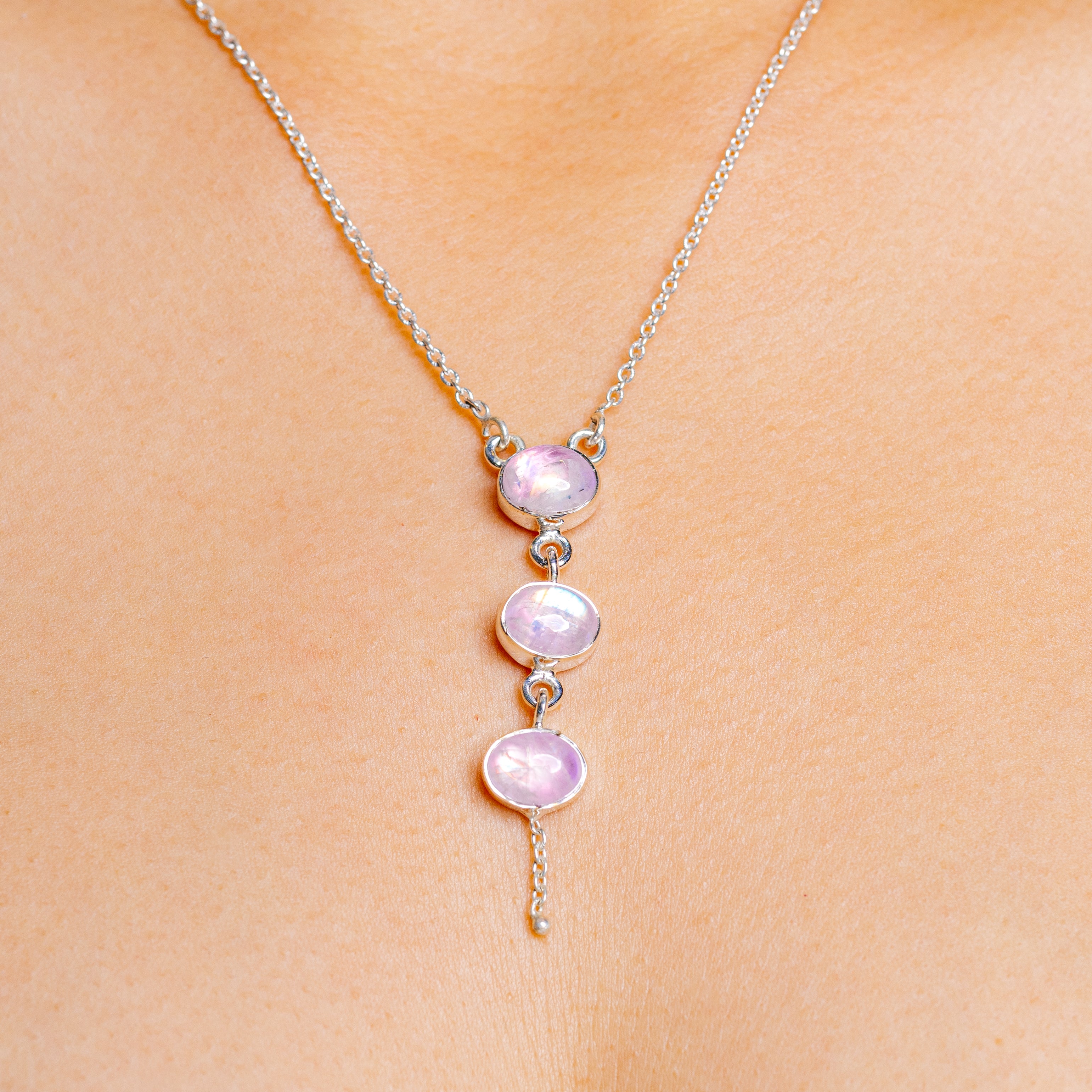 Pink Moonstone Necklace 16 to 17" (.925 Sterling Silver)