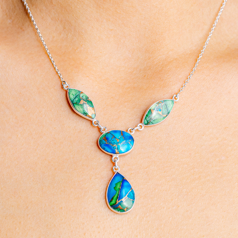 Ice Blue Dahlia Mohave Turquoise Necklace 17 to 19" (.925 Sterling Silver)