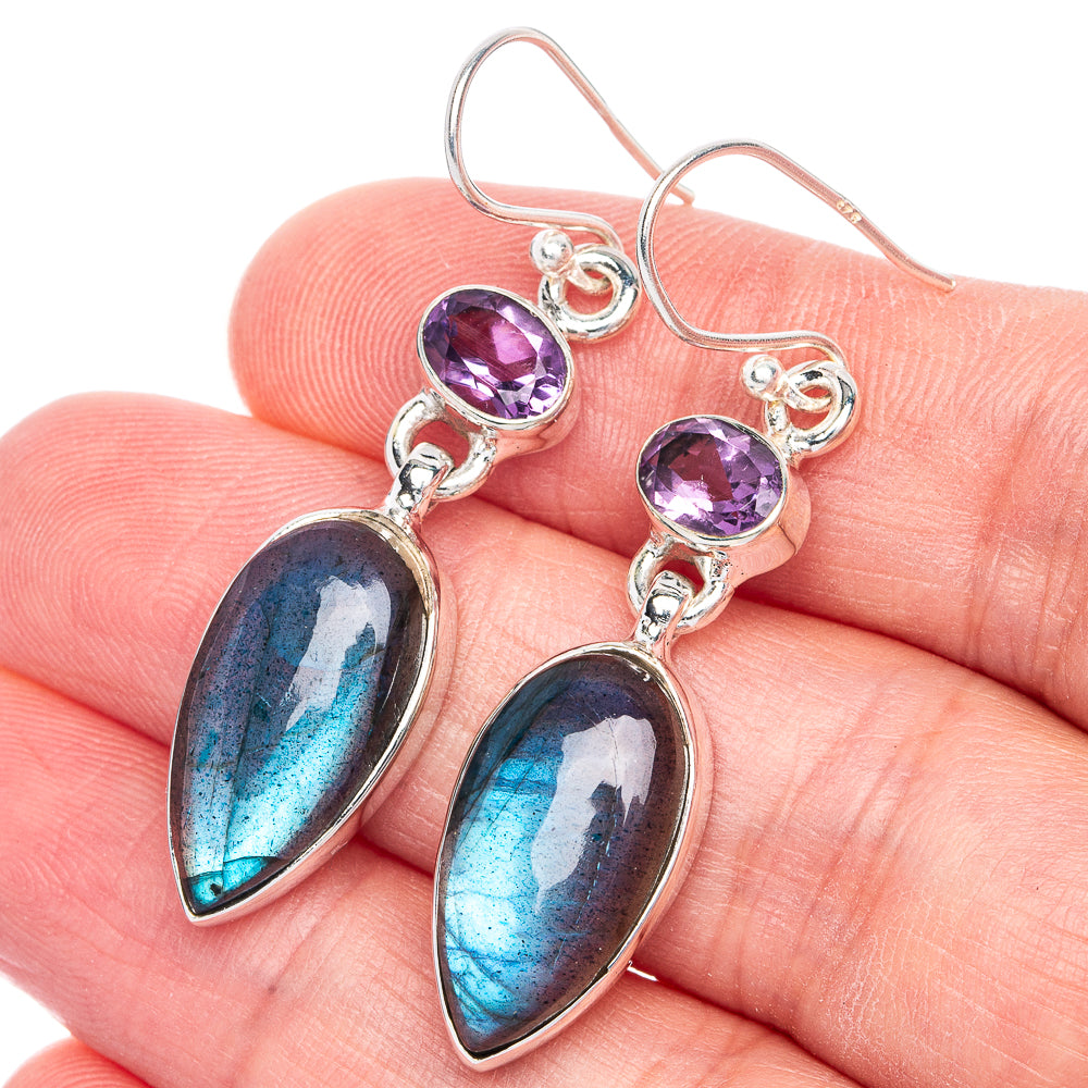 Labradorite, Amethyst Earrings 1 7/8" (925 Sterling Silver) E433113